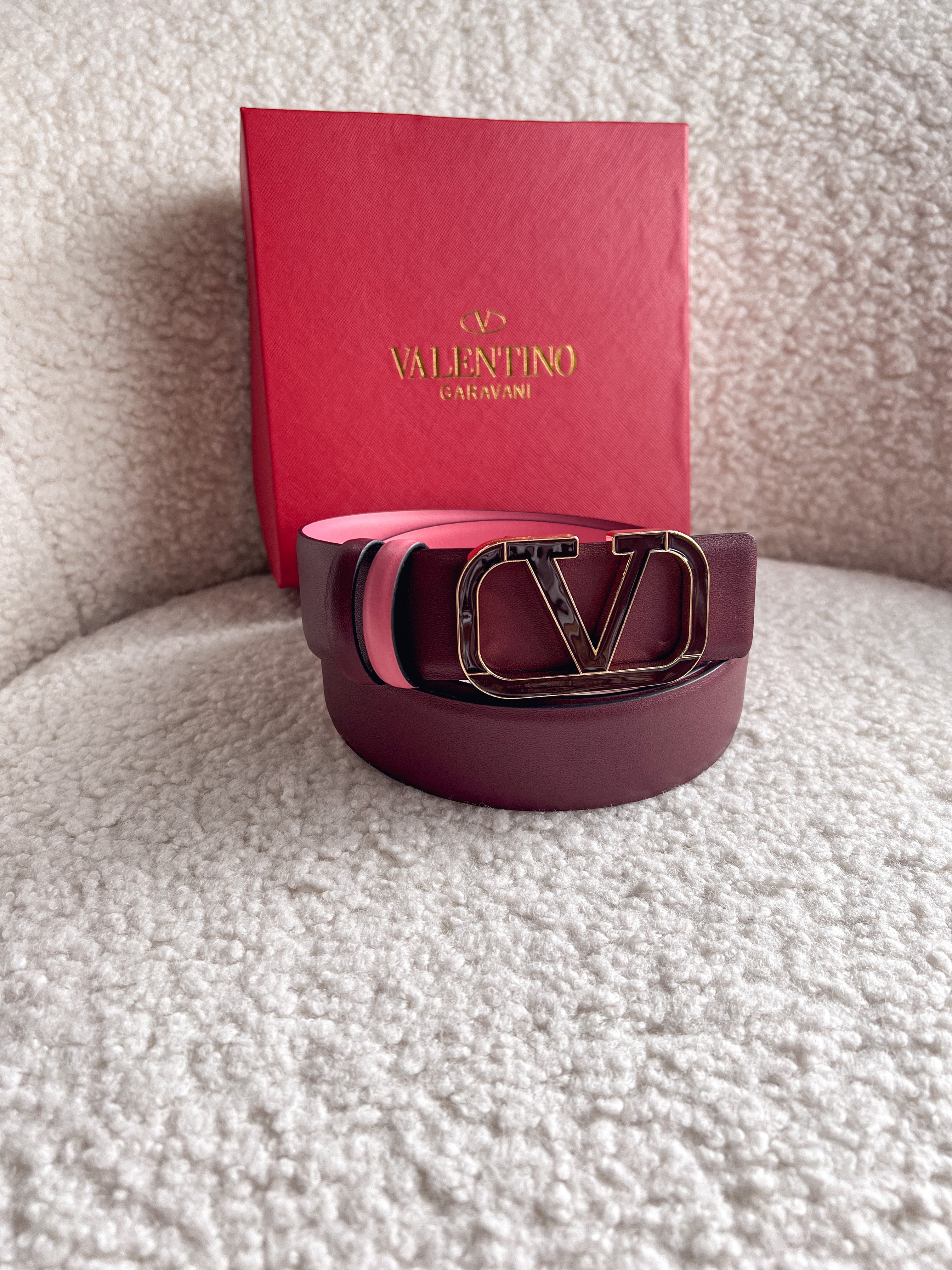 [TOP] VALENTINO V Logo Enamel Reversible Belt - Burgundy and Pink