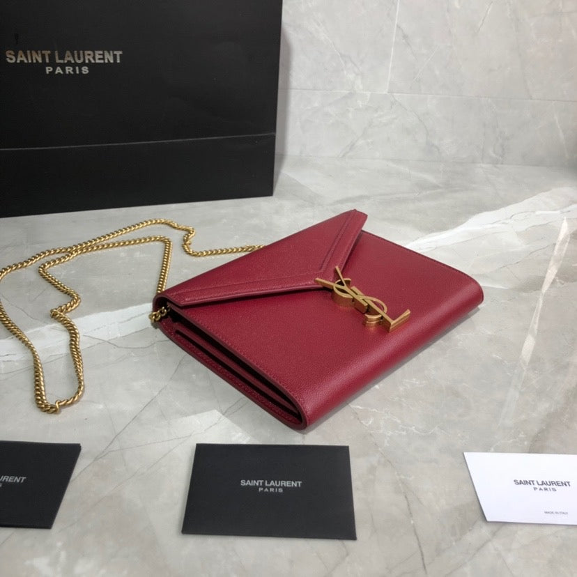 [TOP] Yves Saint Laurent YSL Cassandra Chain Wallet Grain Leather - Red