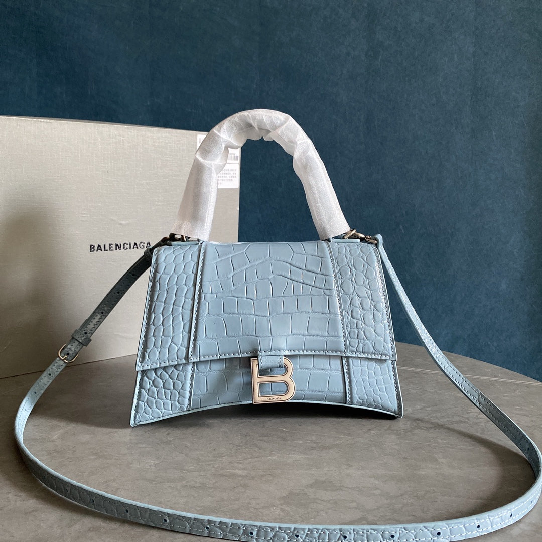 [TOP] BALENCIAGA Hourglass Small Crocodile-Print Cowhide Bag 23x14x10cm - Light Blue