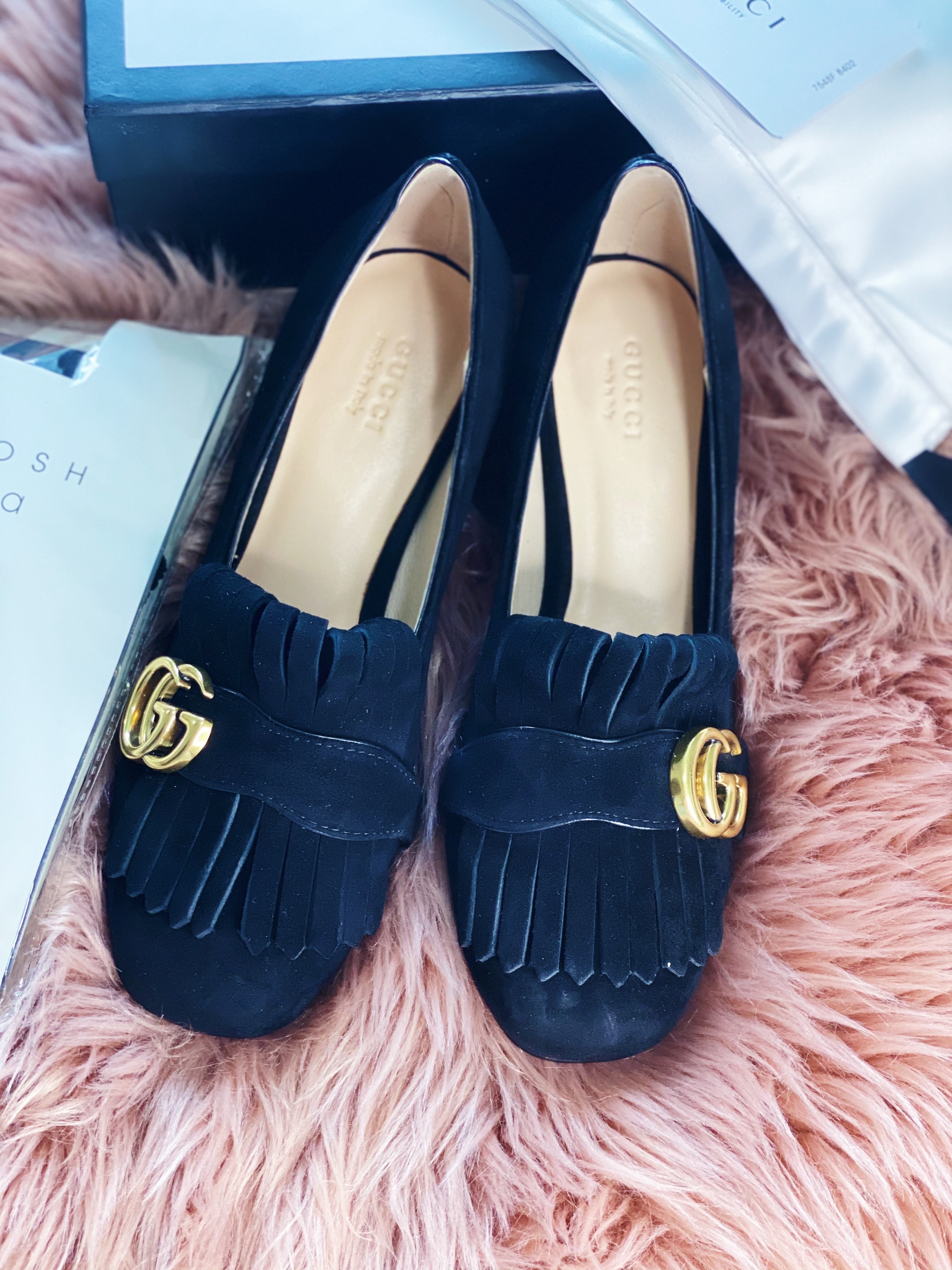 [TOP] GUCCI GG Marmont Suede Pump Midheels - Black