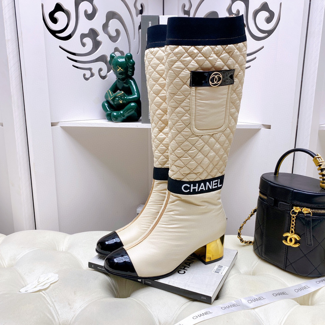 [TOP] CHANEL Lambskin Boots 5cm Heels - white/Black/Beige