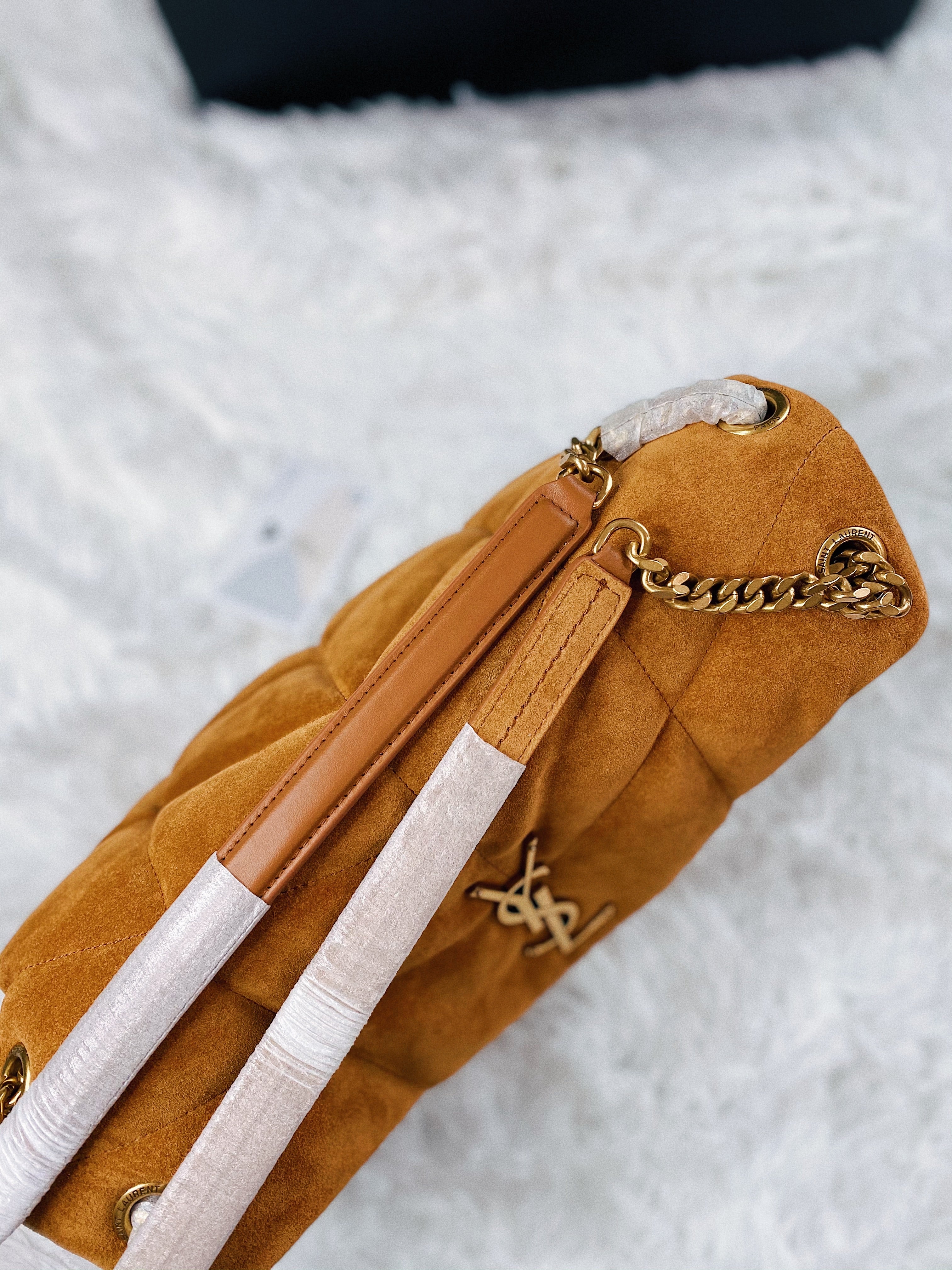 [TOP] Yves Saint Laurent YSL YSL LouLou Puffer Medium Suede Leather 35X23X13.5cm - BROWN