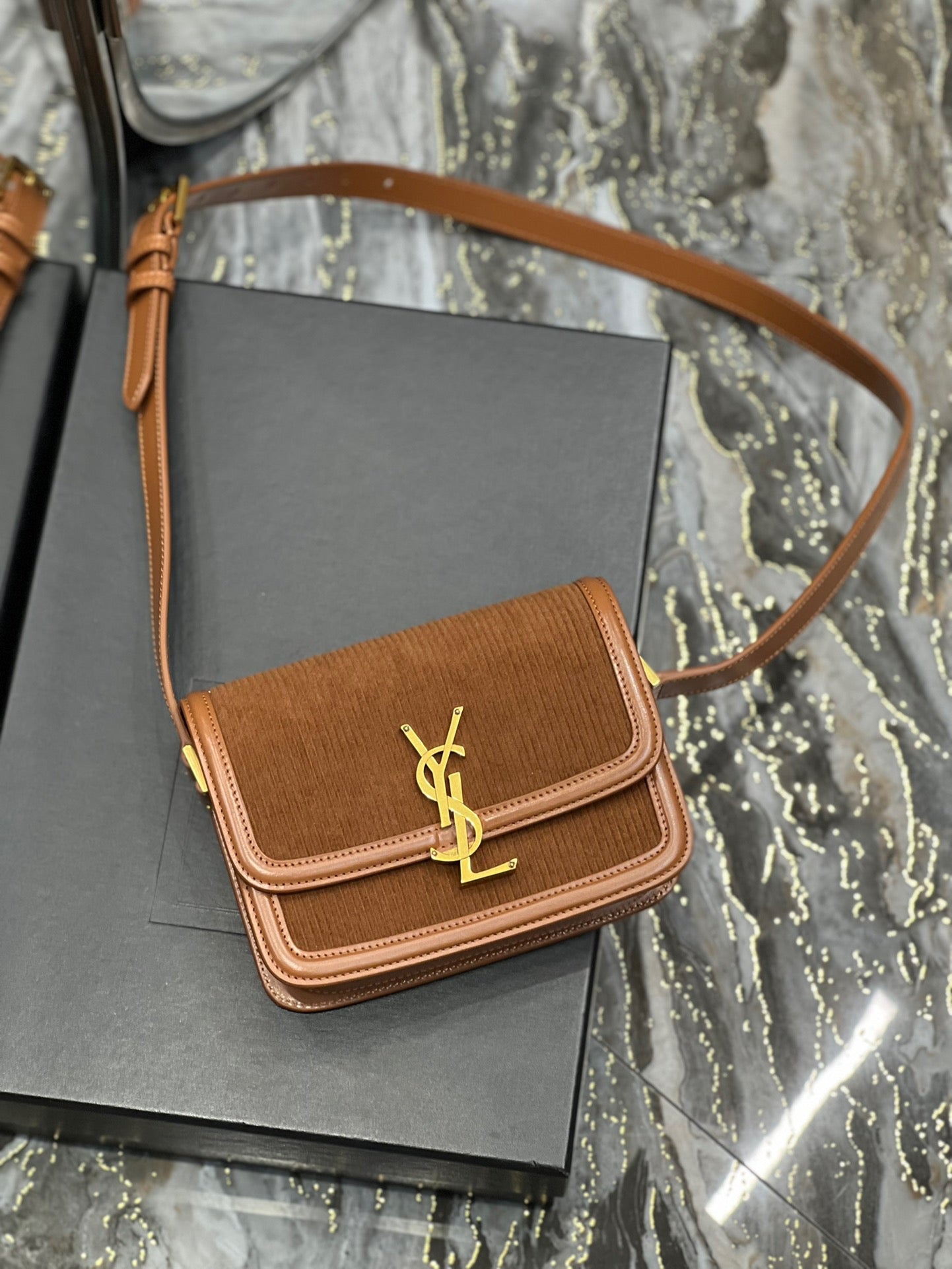 [TOP] Yves Saint Laurent YSL Solferino Corduroy Small Bag - Brown