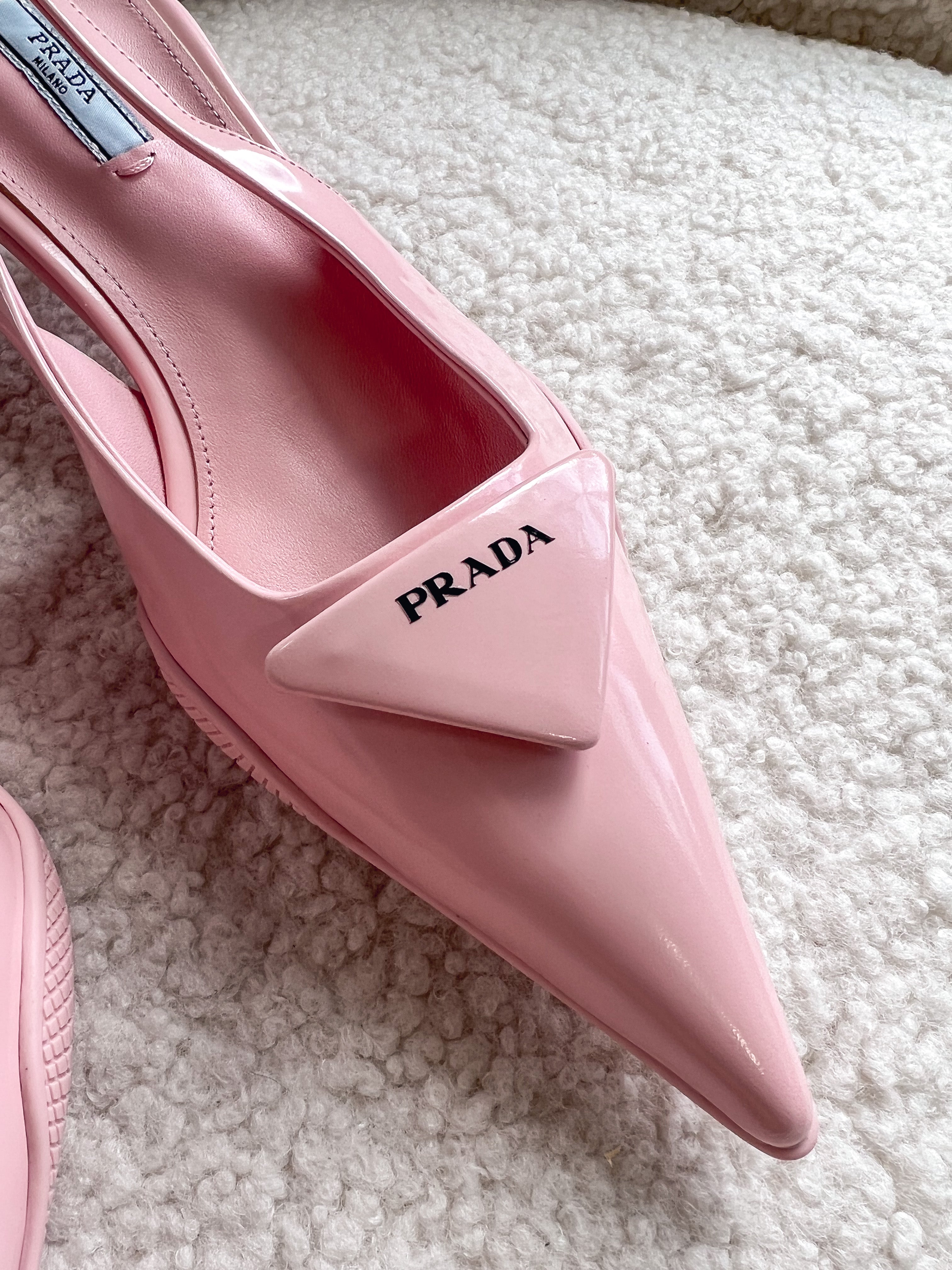 [TOP] PRADA Triangle Logo Kitten Heel Slingback Pump - Pink