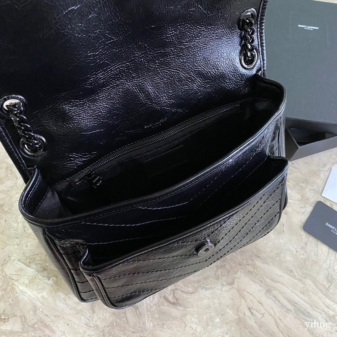 [TOP] Yves Saint Laurent YSL Medium Niki Wrinkles Leather Bag - Black on Black