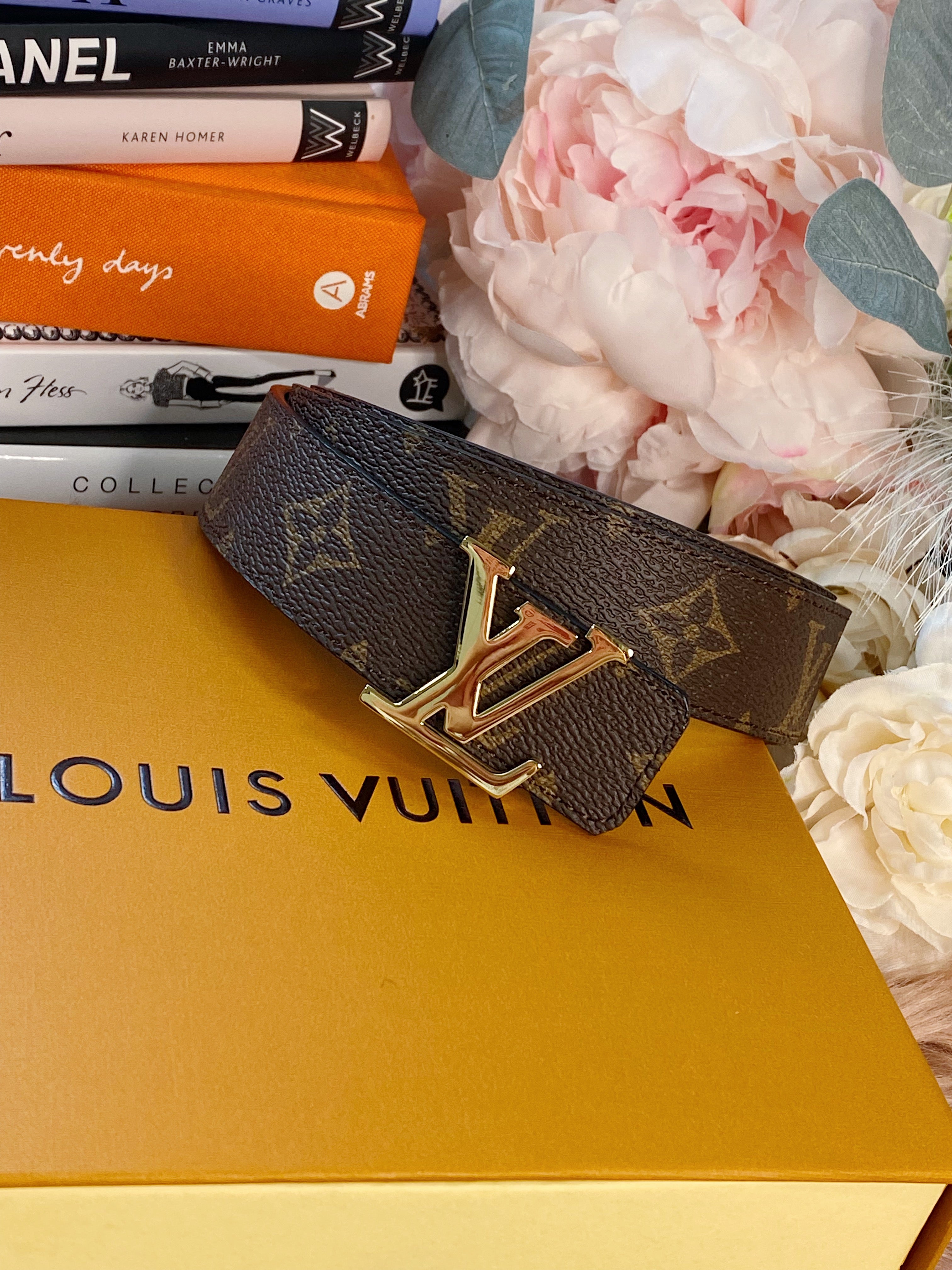 [TOP] Louis Vuitton LV LV Monogram Reversible Thin Belt Metal Logo - Gold