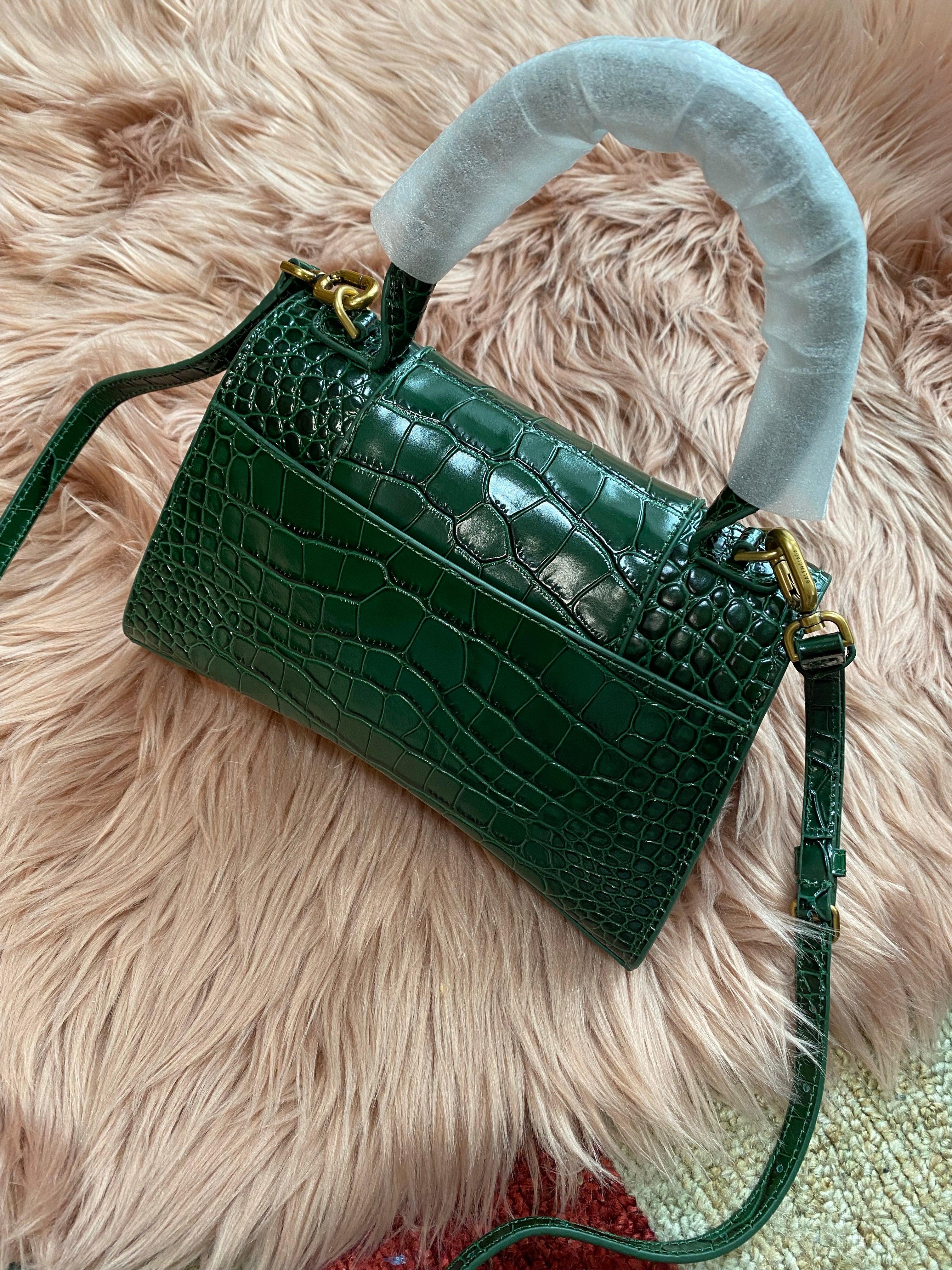[TOP] BALENCIAGA Hourglass Small Crocodile-Effect Small Bag 23x14x10cm - Green
