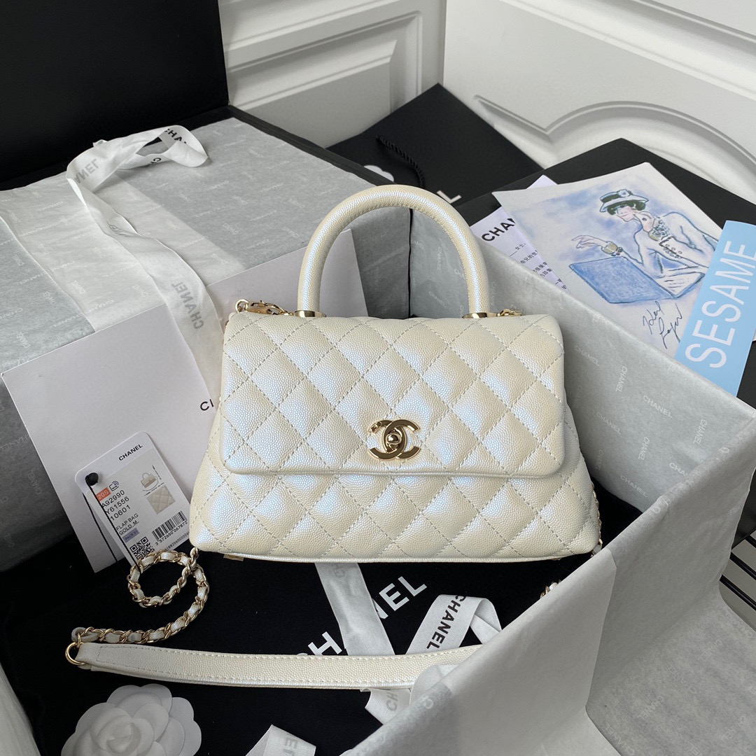 [TOP] CHANEL CoCo Handle Bag Carviar Medium 23cm - Pearl White & GHW