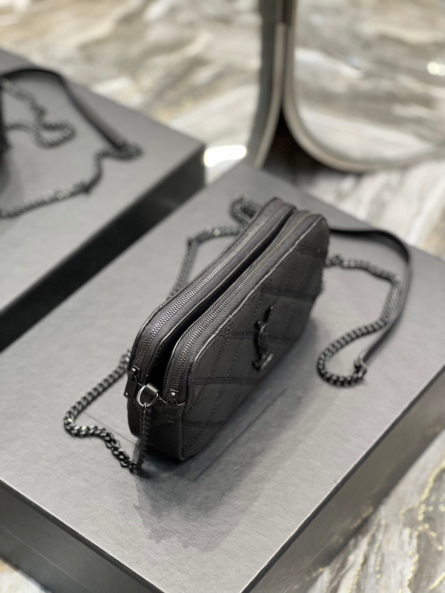 [TOP] Yves Saint Laurent YSL Beckly Double Zip Pouch Bag - All Black