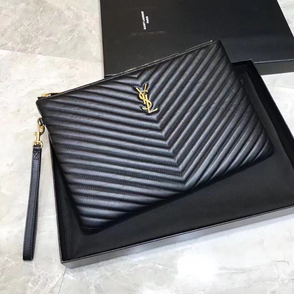 [TOP] Yves Saint Laurent YSL Cassander Matelasse A5 Pouch in Grain DE Pouder Embossed  Leather