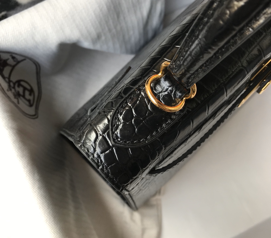 [TOP] HERMES Crocodile Kelly Bag 25cm  28cm - Black&GHW