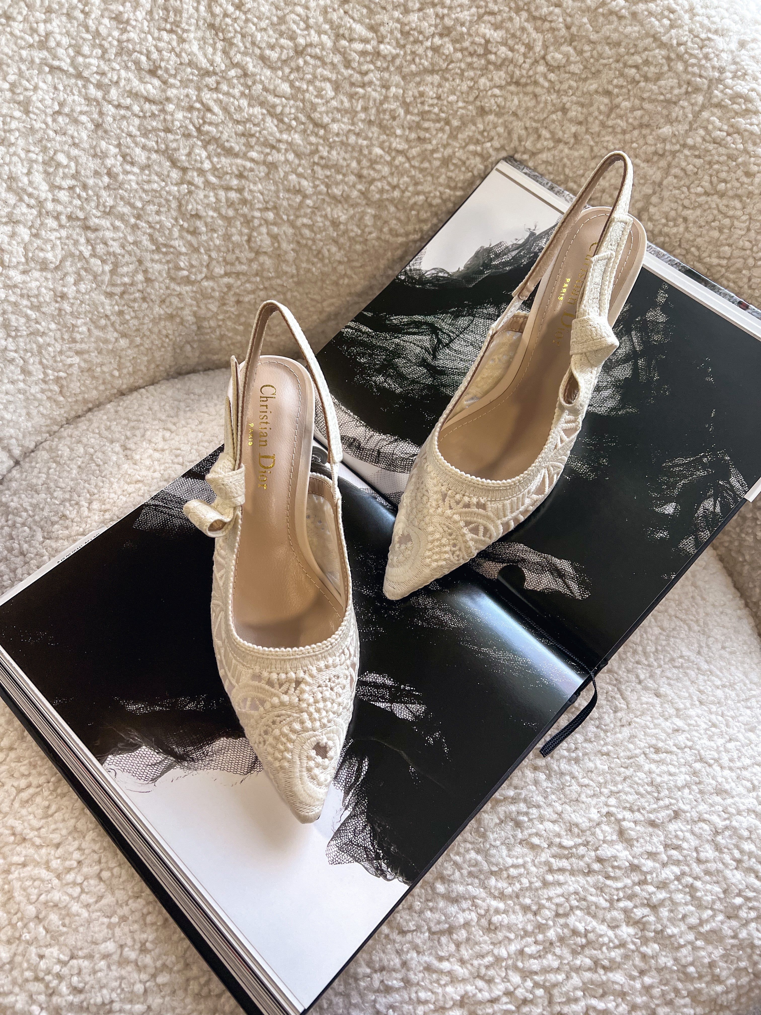 [TOP] Christian Dior Macrame High Heels Lace Shoes 22 - White