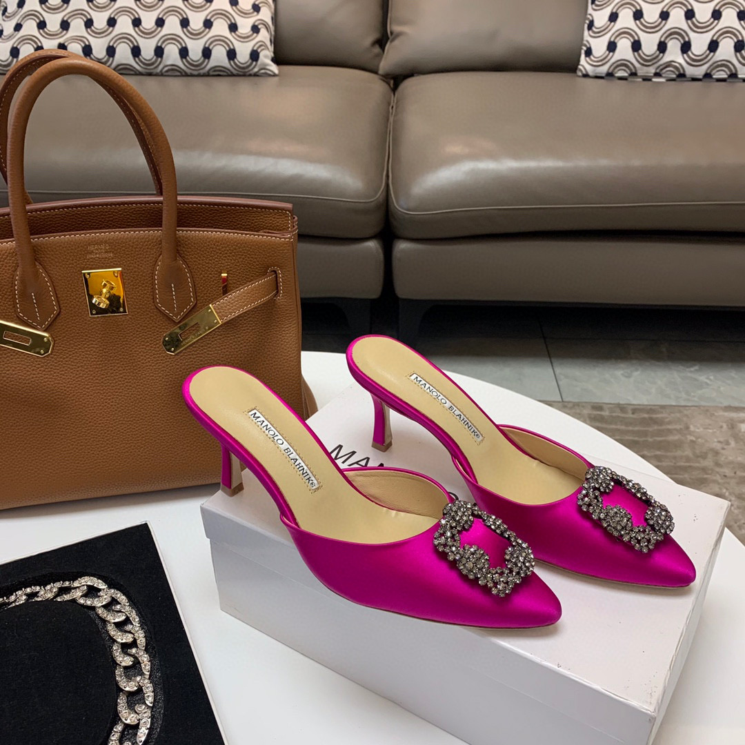 [TOP] Manolo Blahnik HANGISI Satin Crystal Sling back Mules - 5 Colours