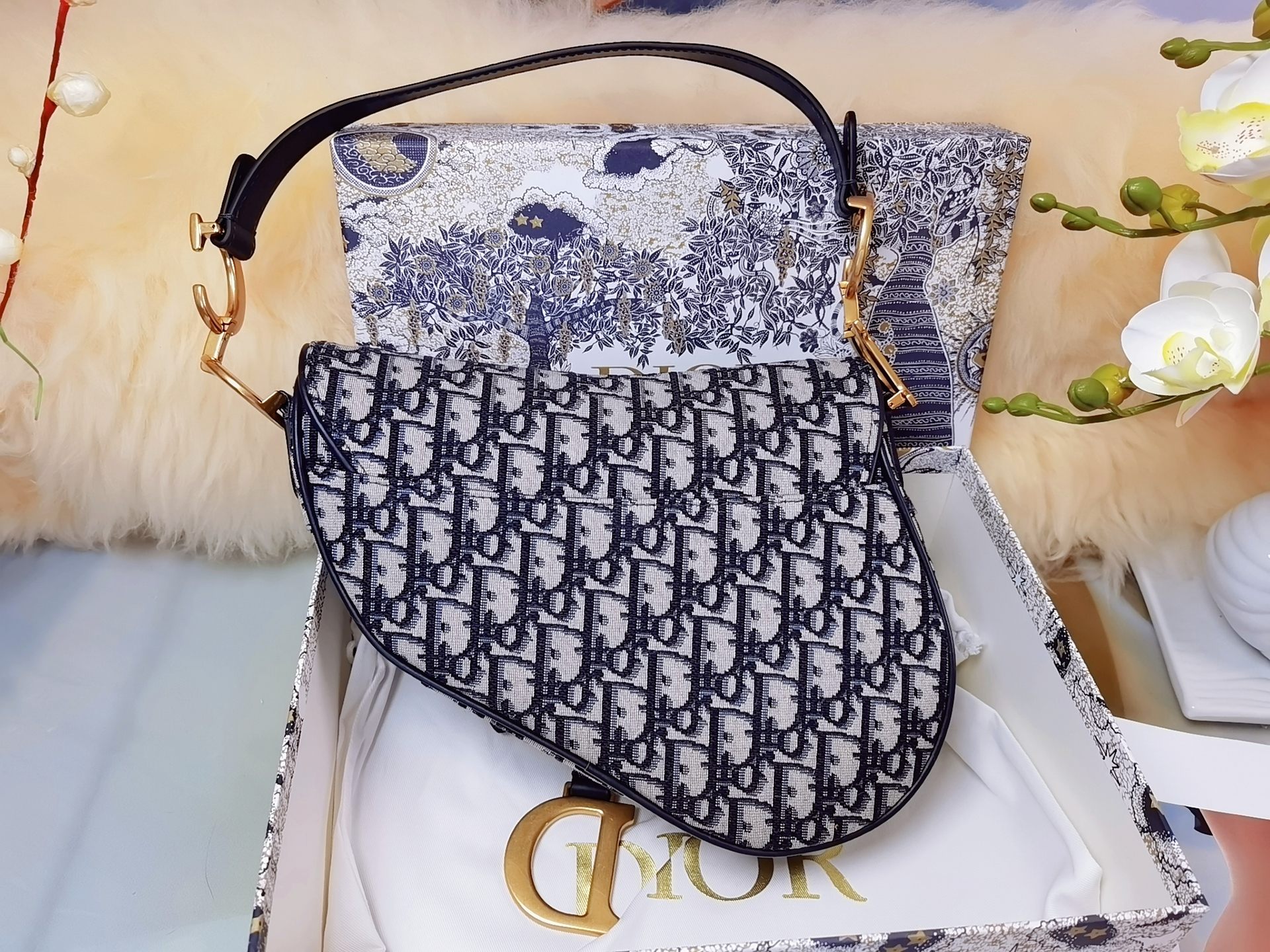 [TOP] Christian Dior Saddle Bag with Strap Jacquard 25.5 x 20 x 6.5cm - GHW
