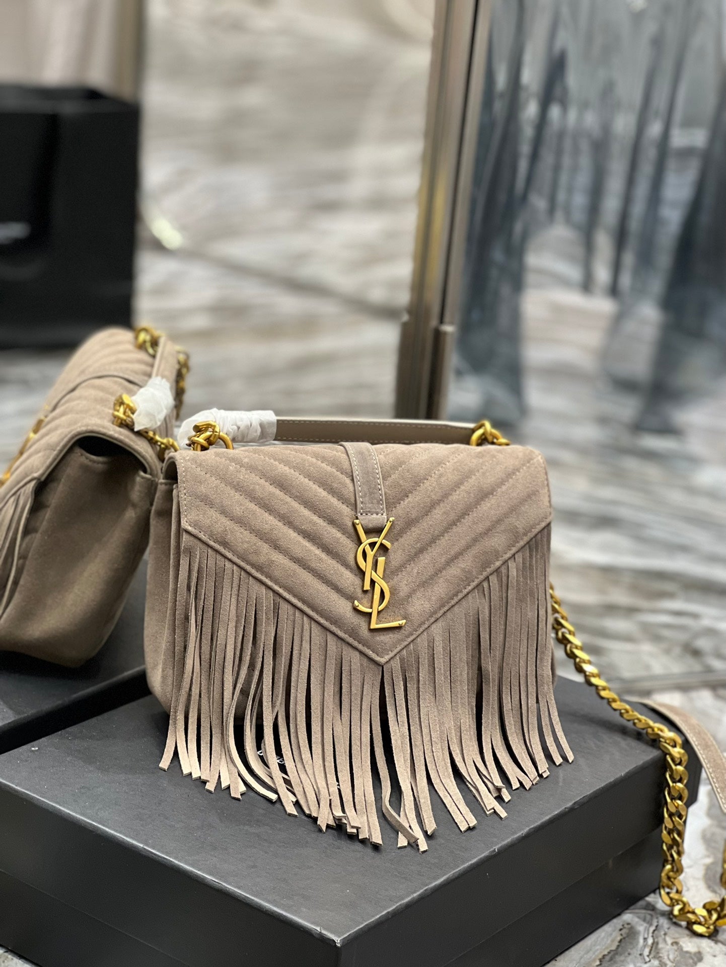 [TOP] Yves Saint Laurent YSL College Fringe Suede Small Bag - Dusty Grey GHW