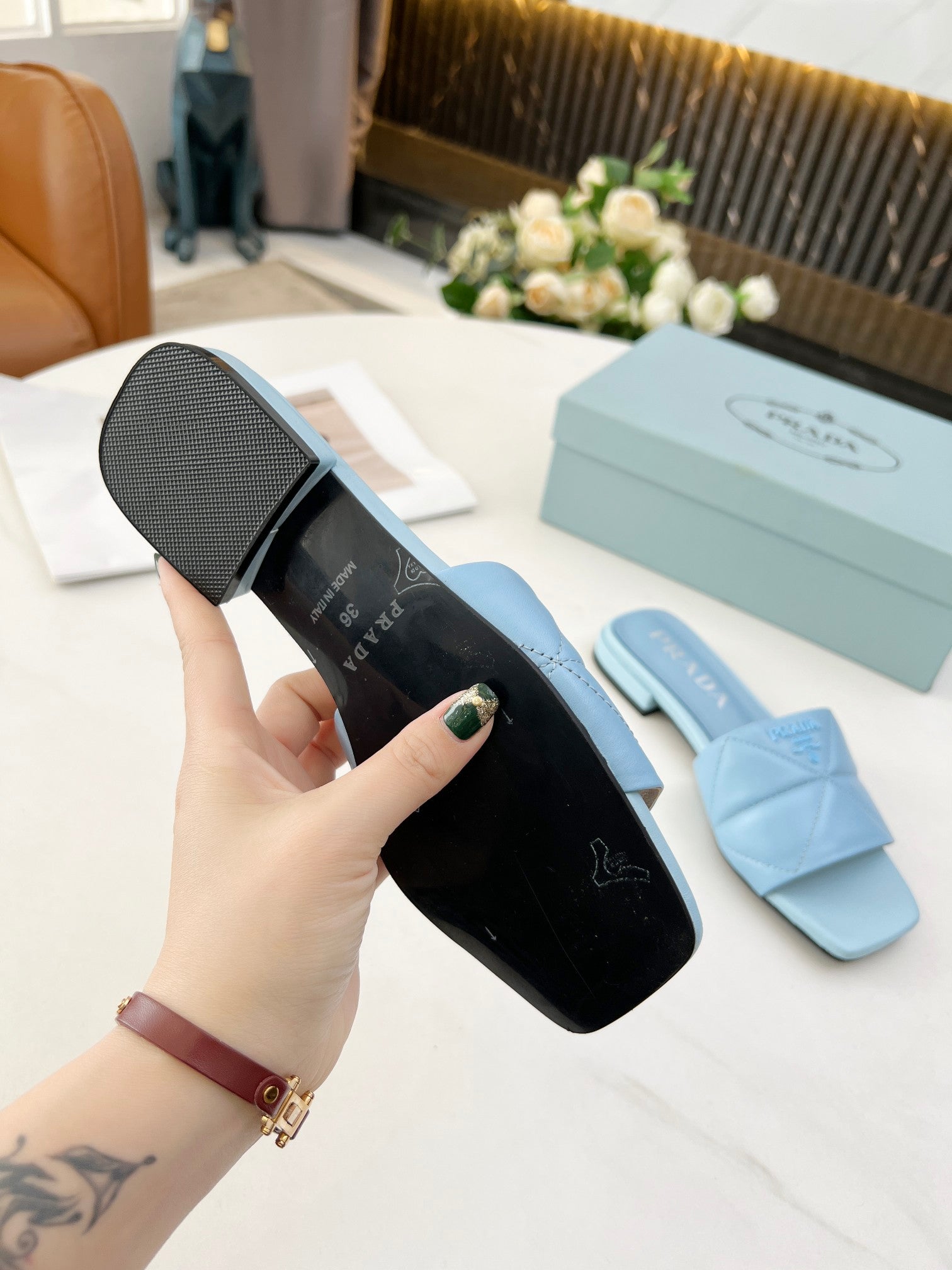 [TOP] PRADA Celeste Quilted Nappa Sandals -