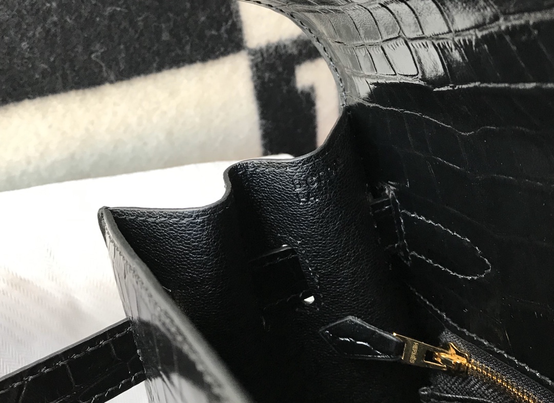 [TOP] HERMES Crocodile Kelly Bag 25cm  28cm - Black&GHW