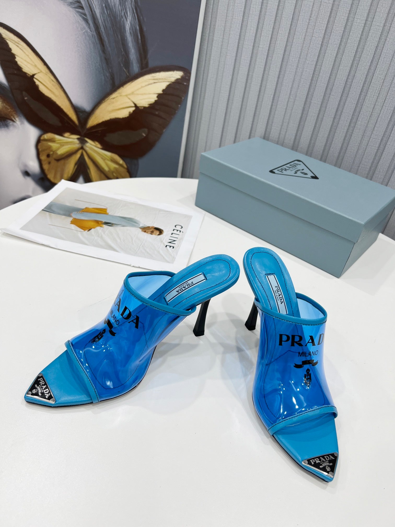 [TOP] PRADA Logo-print Plexiglas High-heel Slides - Blue