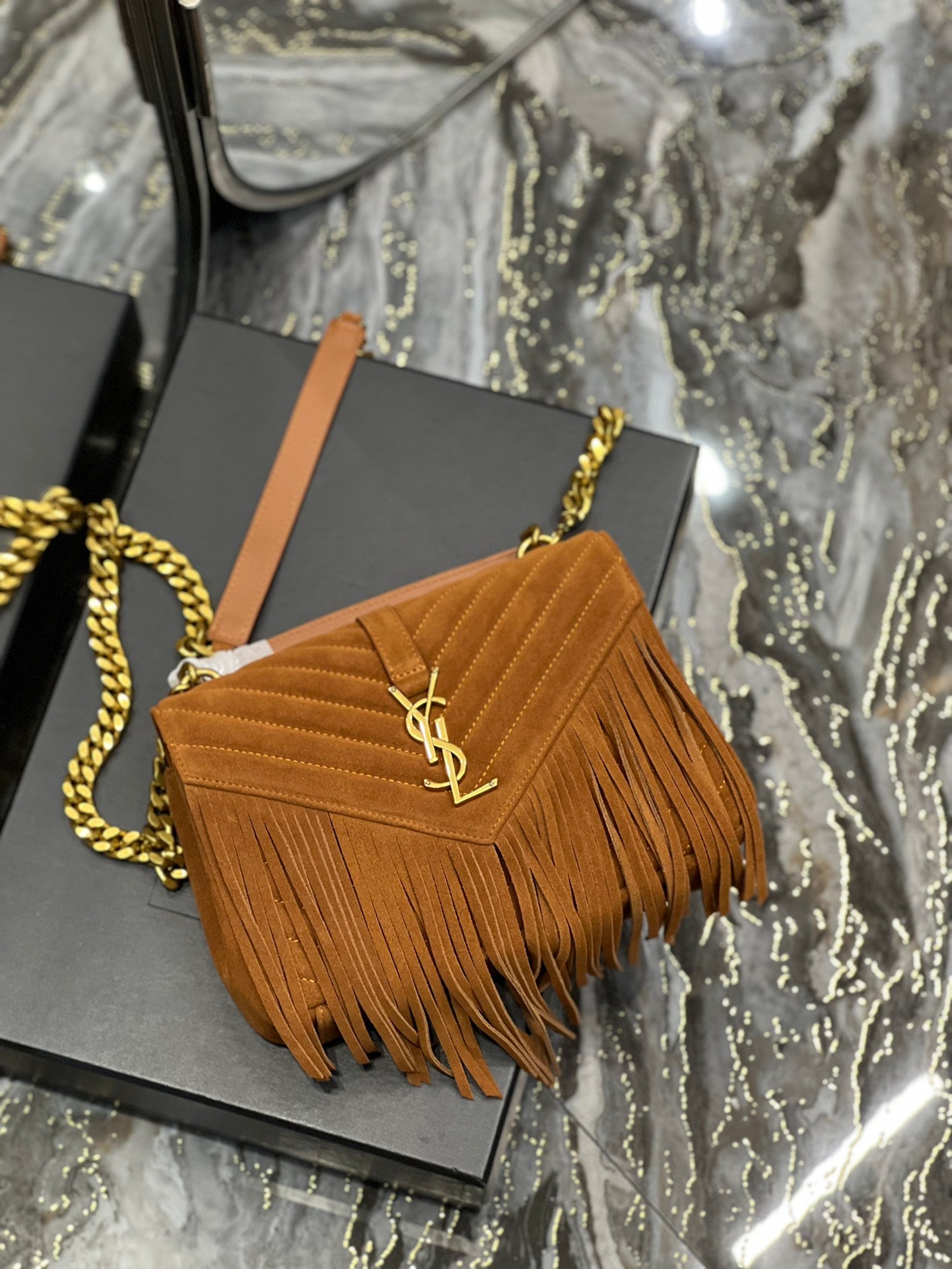 [TOP] Yves Saint Laurent YSL College Fringe Suede Small Bag - Brown GHW