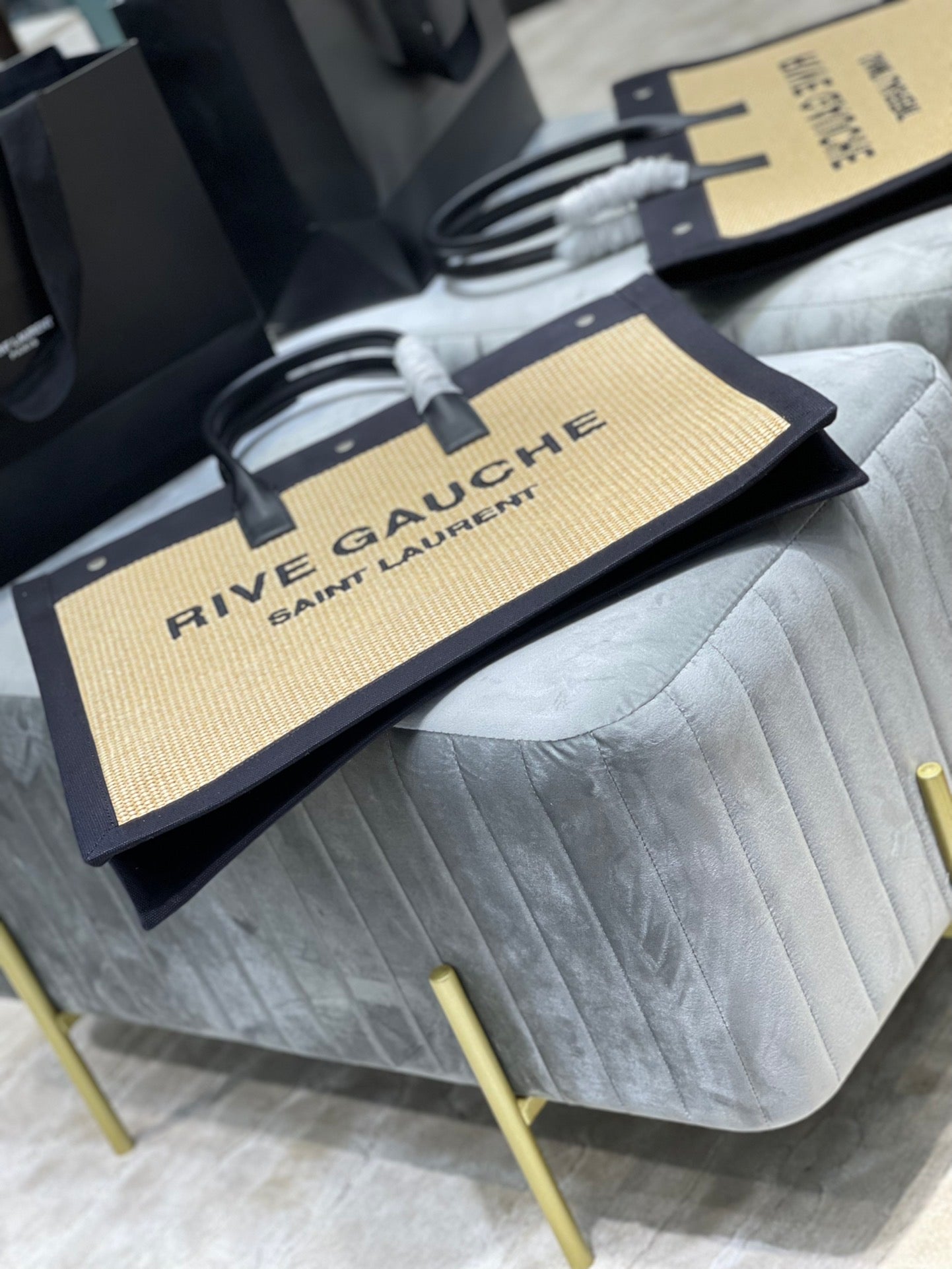 [TOP] Yves Saint Laurent YSL Rive Gauche Straw Tote Bag - Black