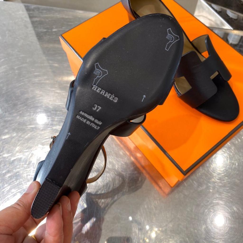 [TOP] HERMES Wedges Sandals Smooth Leather - Black