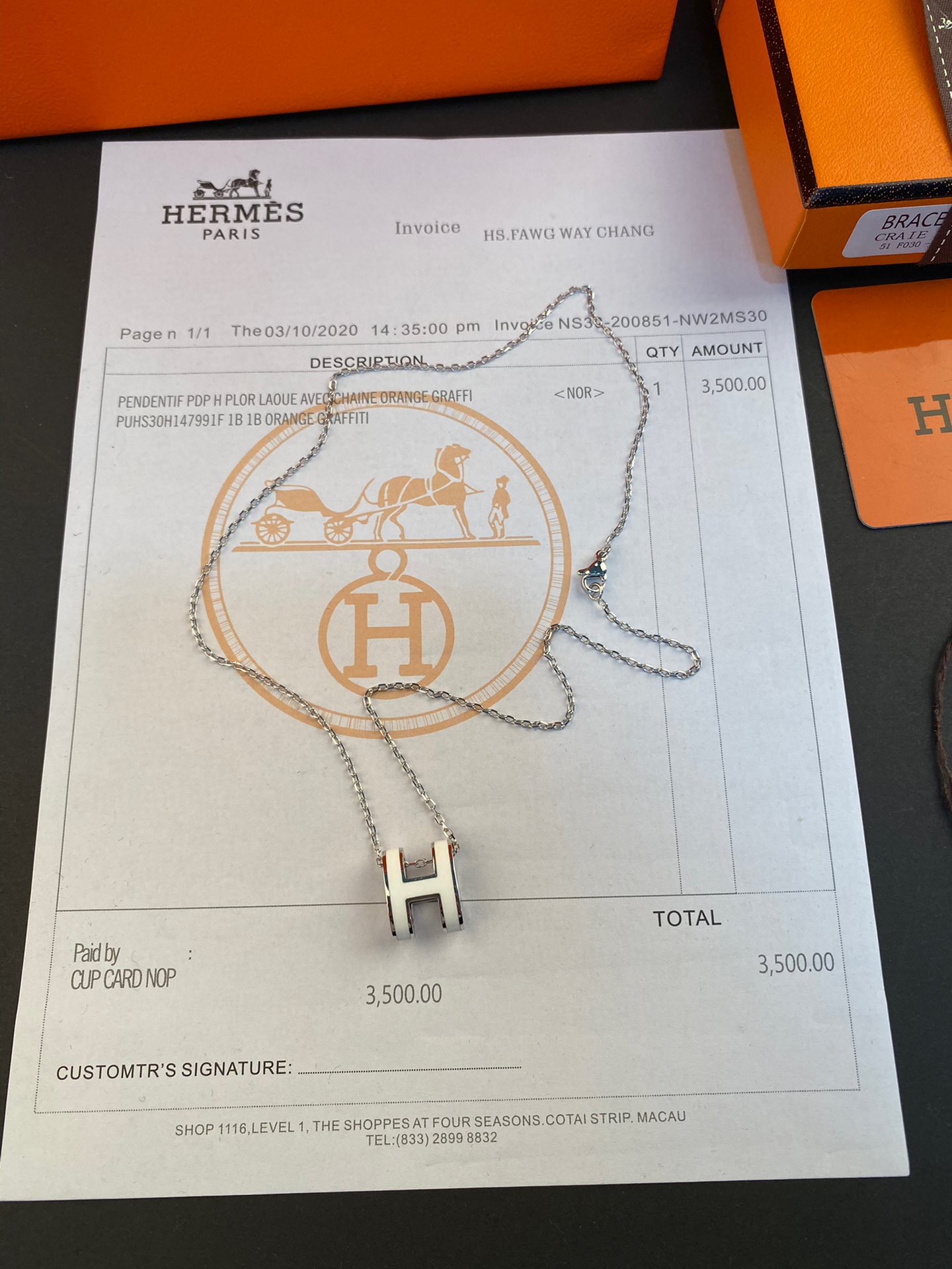 [TOP] HERMES Mini H Logo Necklace - White