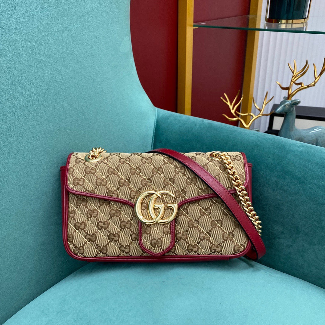 [TOP] GUCCI GG Marmont Bag Matelasse  Canvas Shoulder Small 26cm - Red