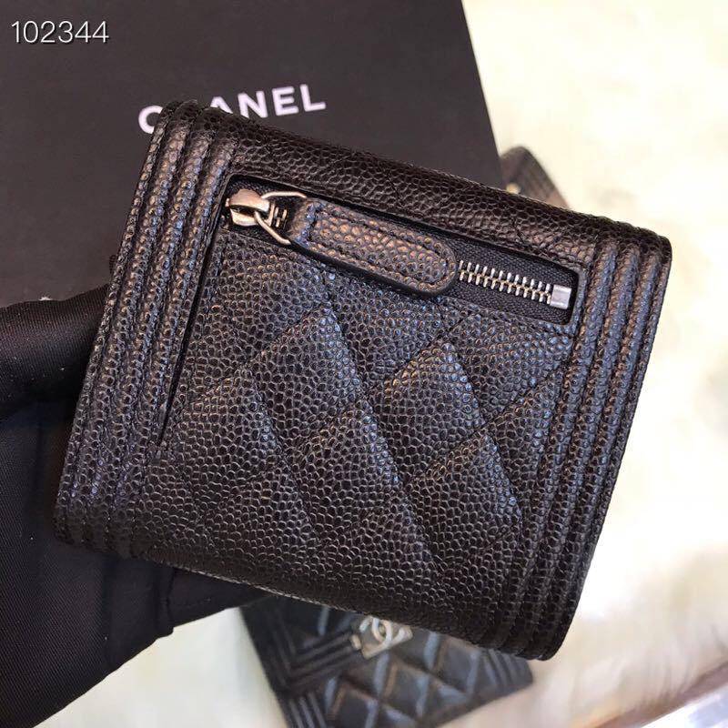 [TOP] CHANEL Boy Trifold Wallet Caviar Skin - Black & SHW