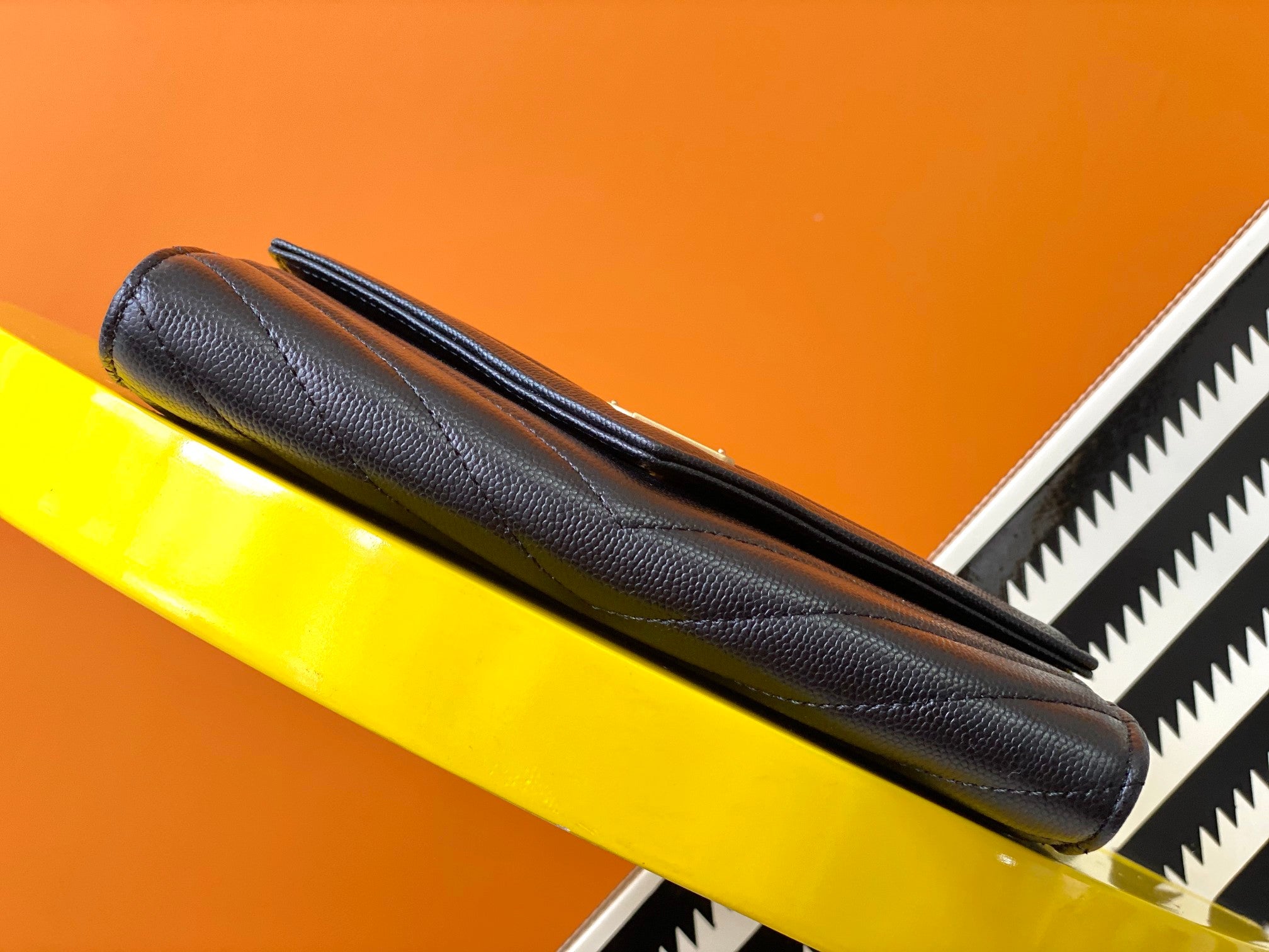 [TOP] Yves Saint Laurent YSL Chevron Quilted Grained Leather Metalsse Wallet - Black w GHW