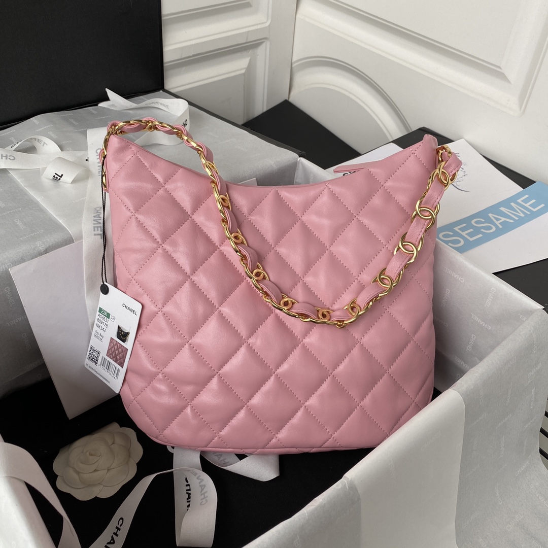 [TOP] CHANEL Hobo Bag 17.5X24X6cm/26×30×7cm - GHW - White/Pink
