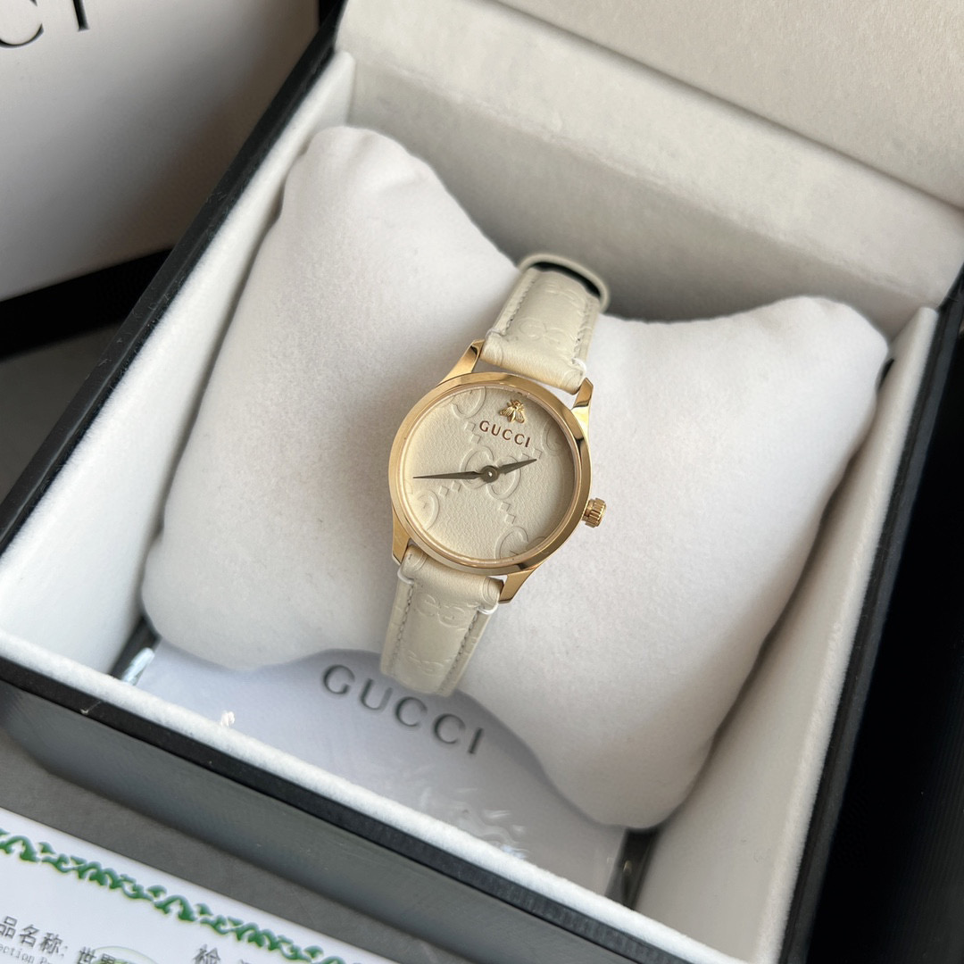 [TOP] GUCCI G-Timeless Lady Watch Leather 28mm - White & GOLD