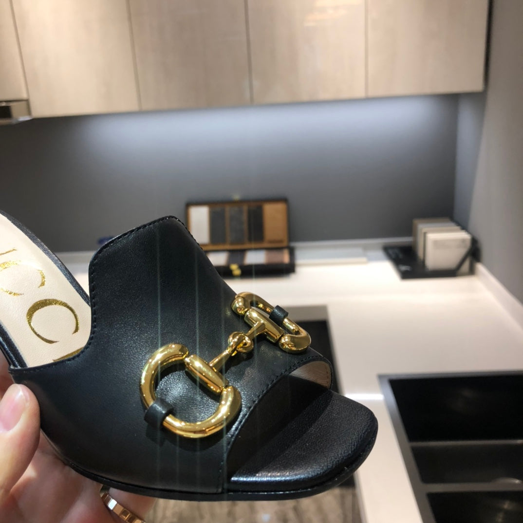 [TOP] GUCCI G*G Horsebit Slide Sandal Block Heels - Black