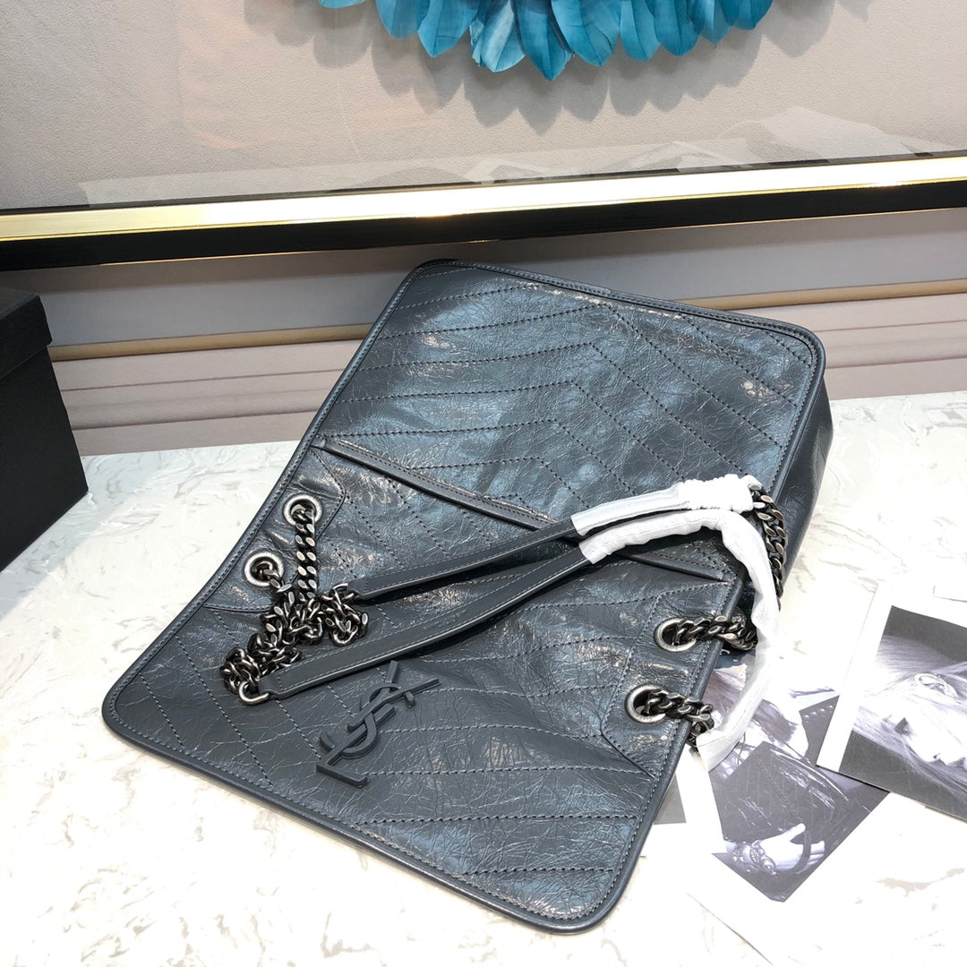 [TOP] Yves Saint Laurent YSL Medium Niki Wrinkles Leather Bag - Stormy Grey