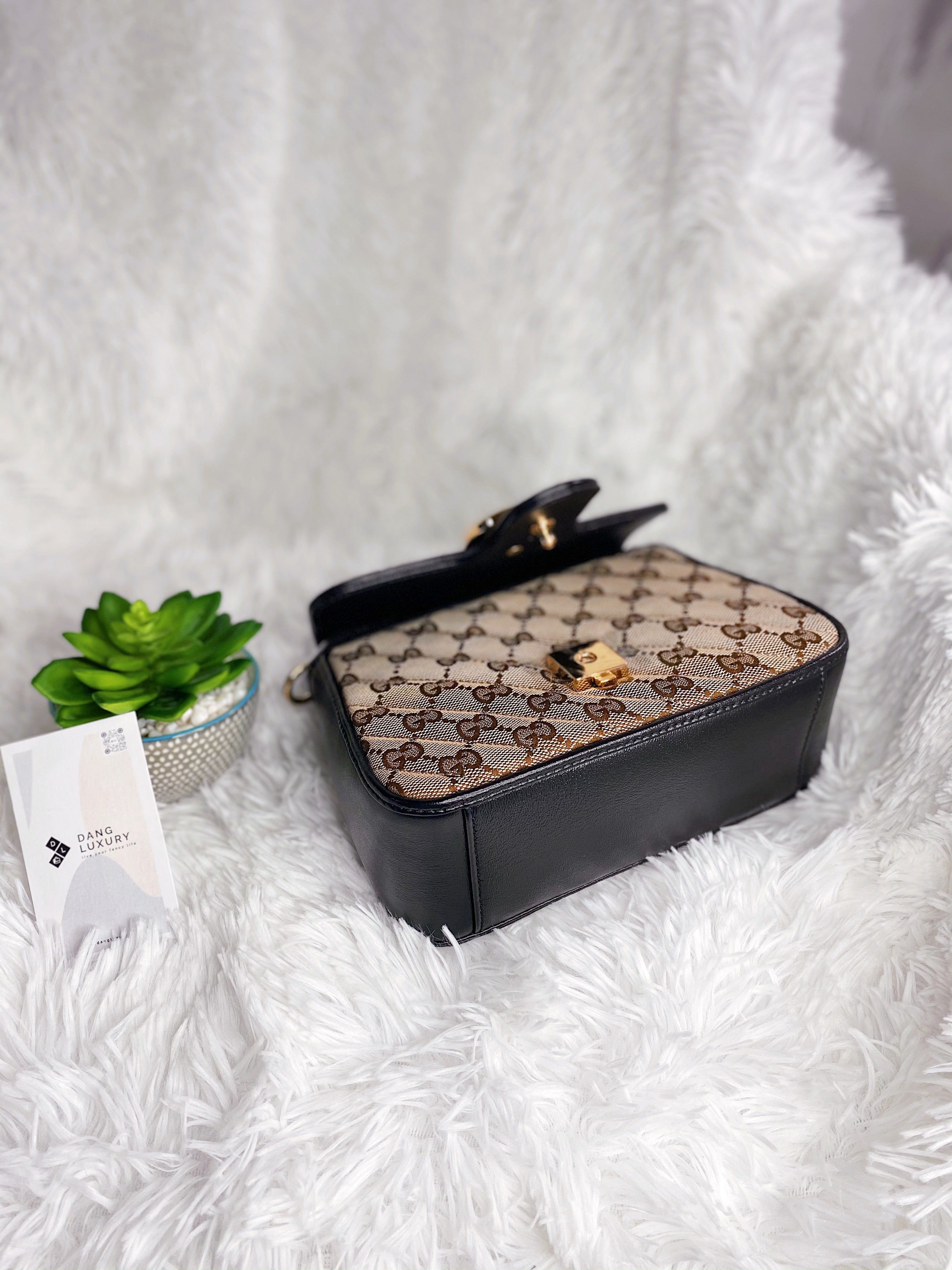 [TOP] GUCCI GG Marmont Bag Top Handle Mini 27*13.5*10 - Beige x Ebony Canvas