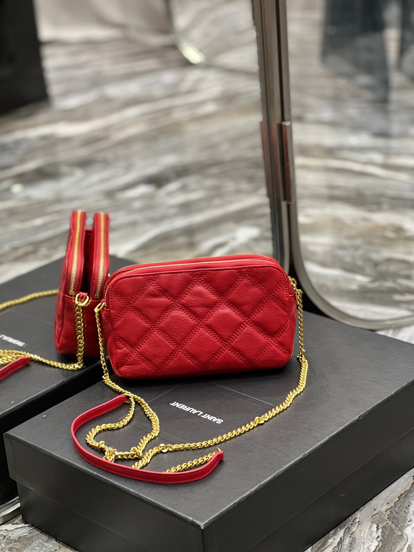 [TOP] Yves Saint Laurent YSL Beckly Double Zip Pouch Bag - Red GHW