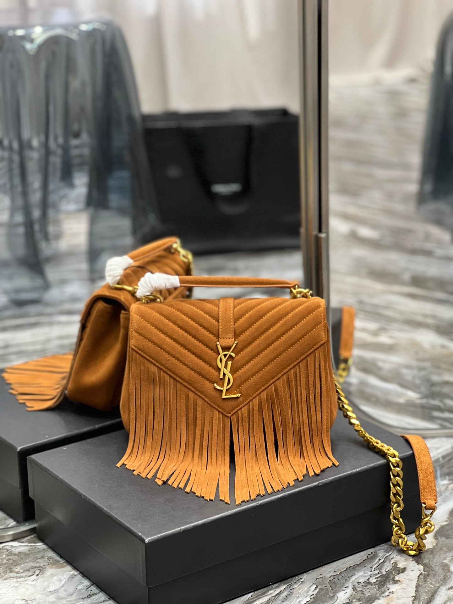 [TOP] Yves Saint Laurent YSL College Fringe Suede Small Bag - Brown GHW