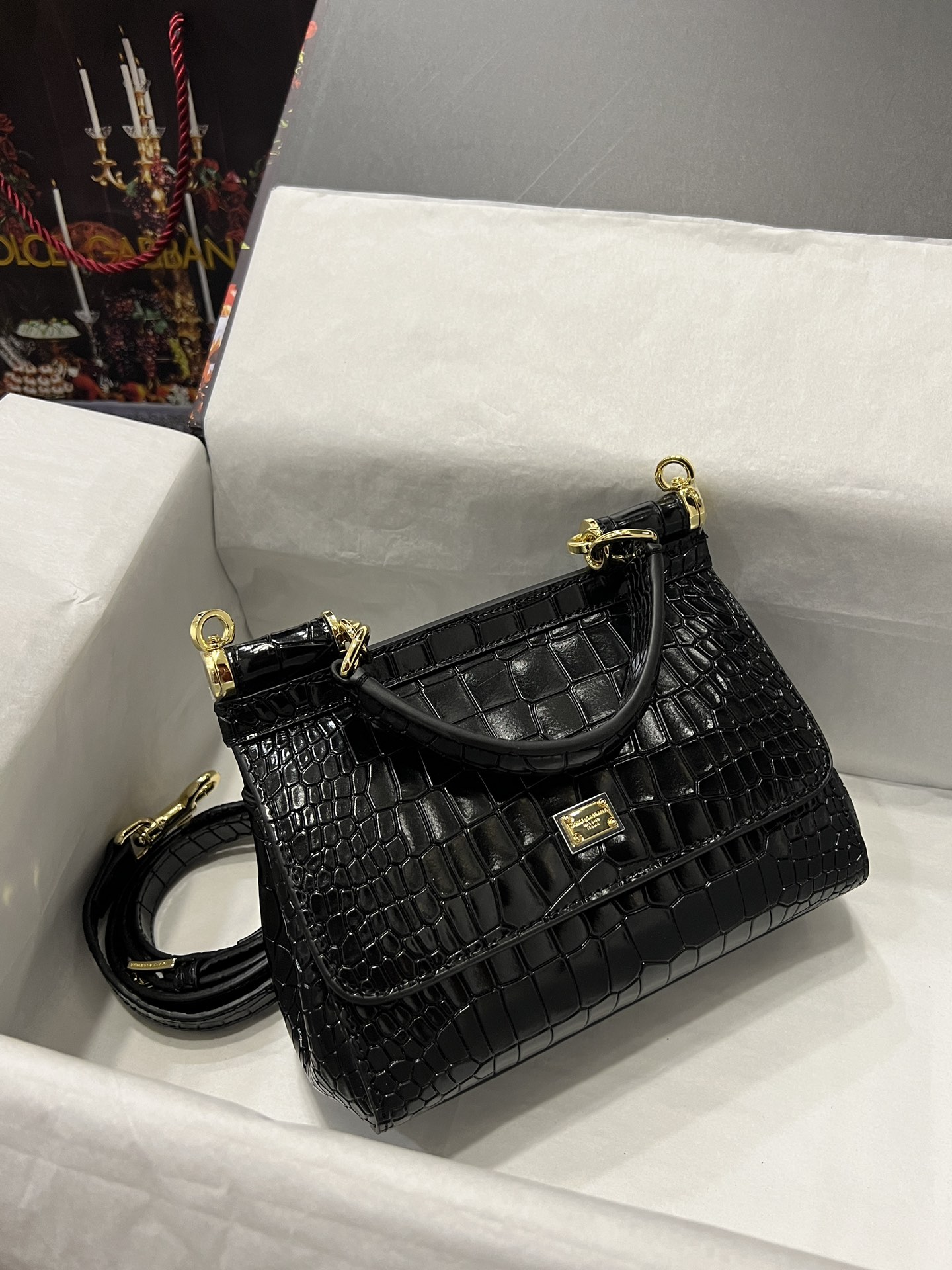 [TOP] Dolce & Gabbana D&G Crocodile-print Calfskin Handbag 20cm/25cm -  Black