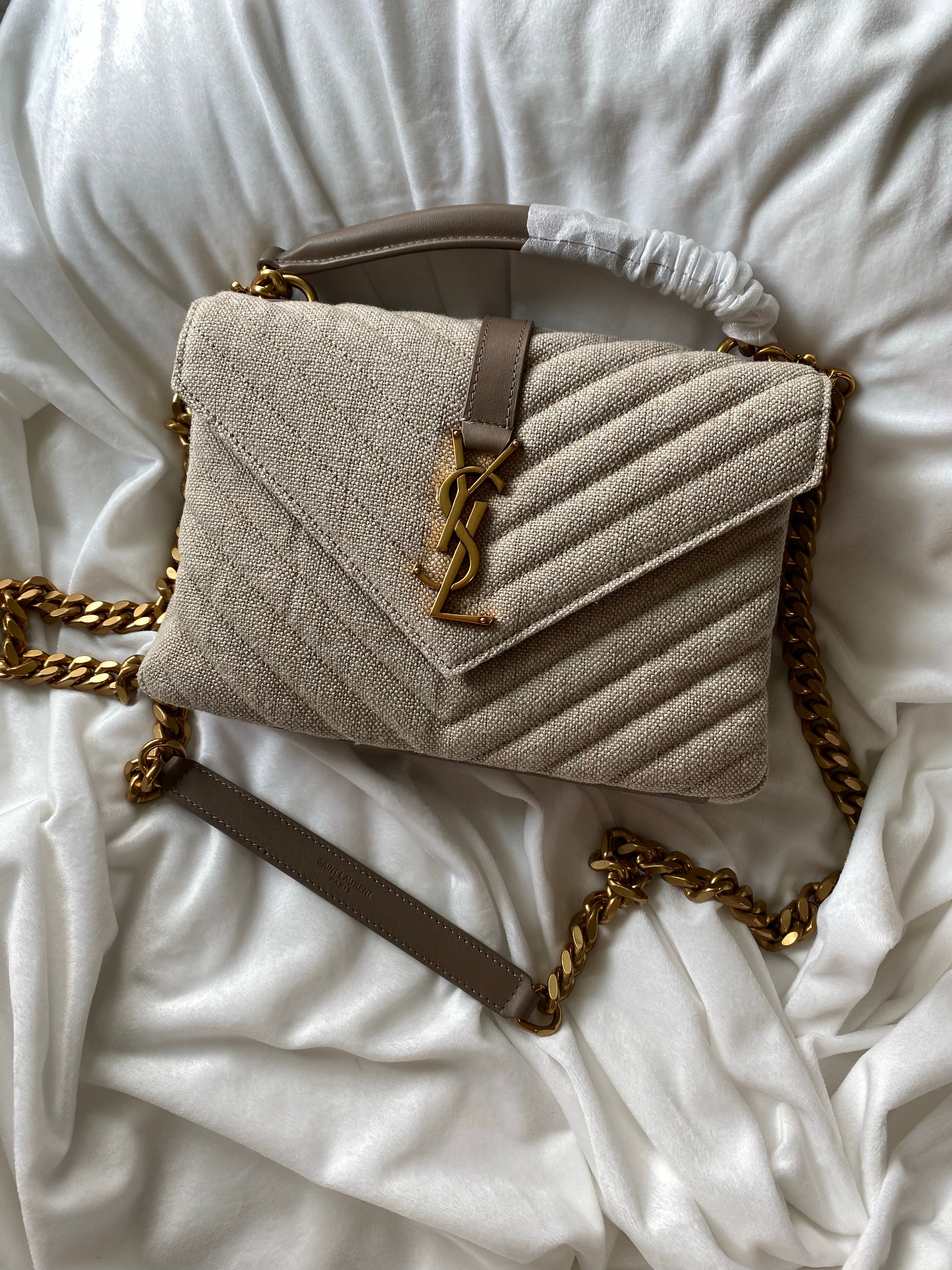 [TOP] Yves Saint Laurent YSL College Quilted Canvas Bag - Natural Taupe