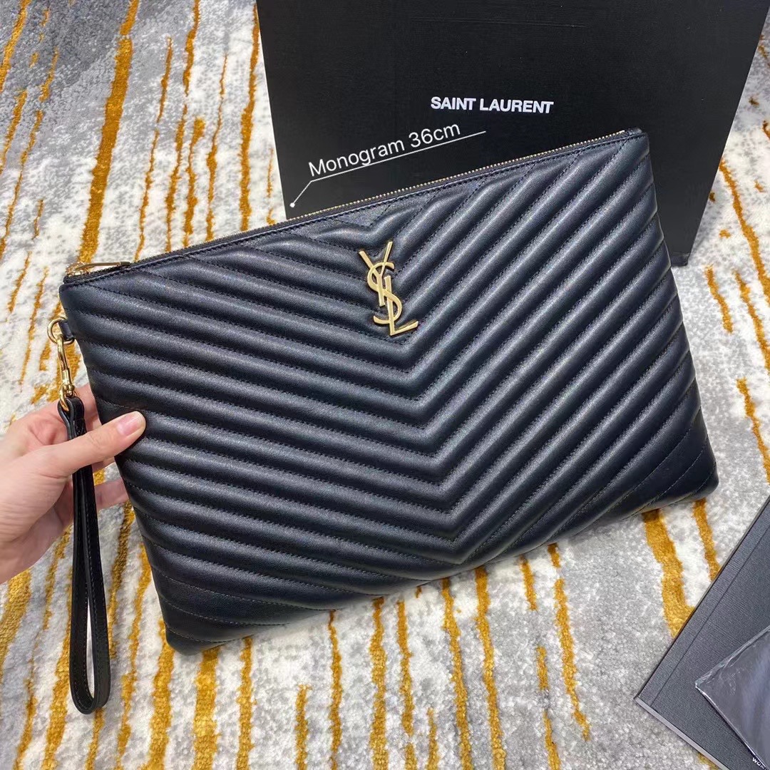 [TOP] Yves Saint Laurent YSL Cassander Matelasse A5 Pouch in Grain DE Pouder Embossed  Leather