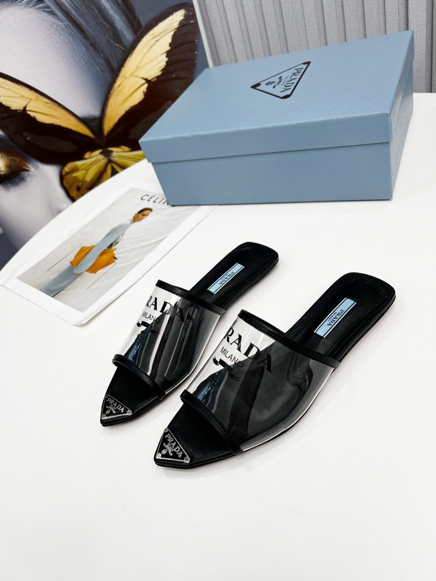[TOP] PRADA Logo-print Plexiglas High-heel Slides - Black