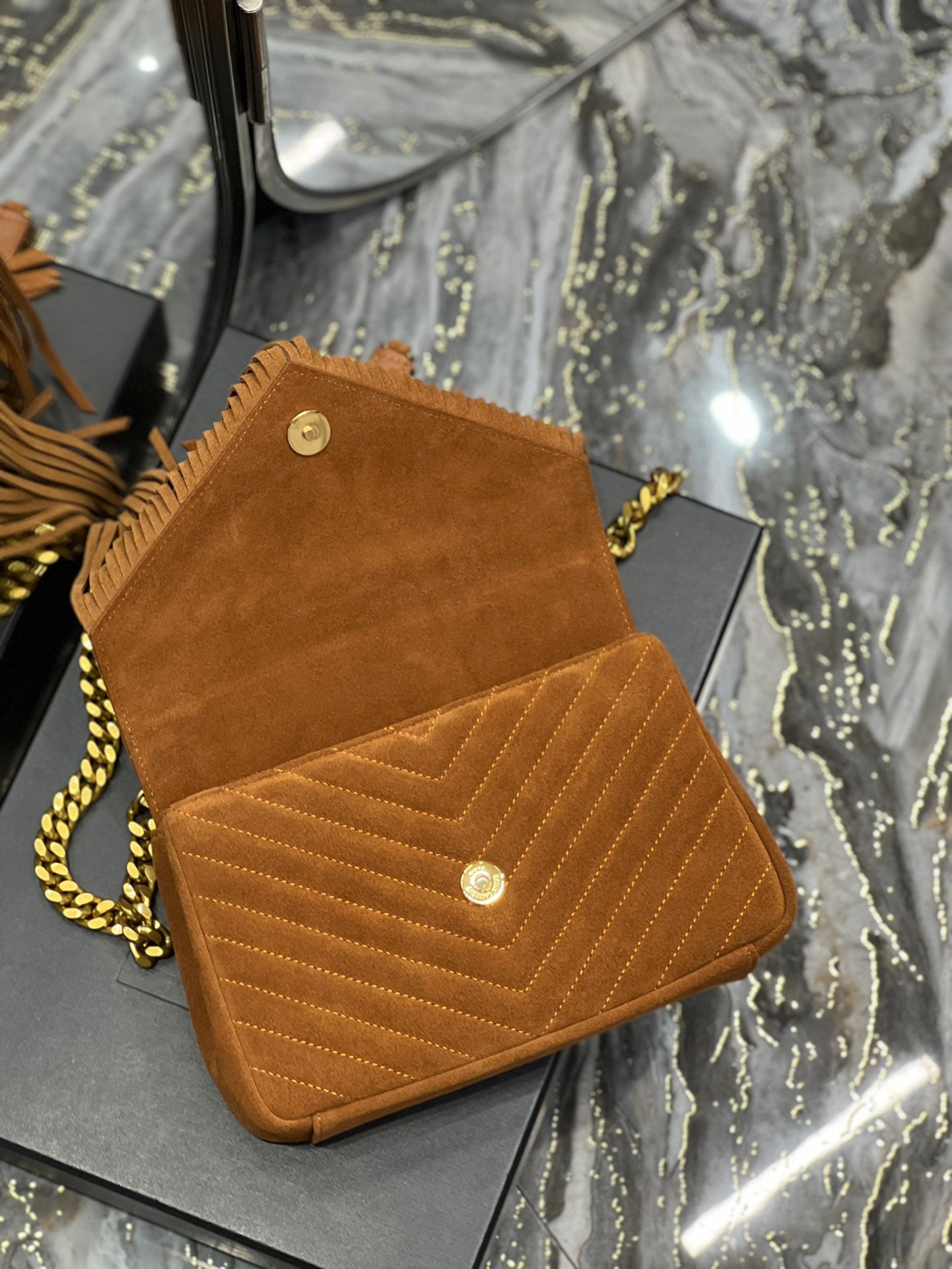 [TOP] Yves Saint Laurent YSL College Fringe Suede Small Bag - Brown GHW