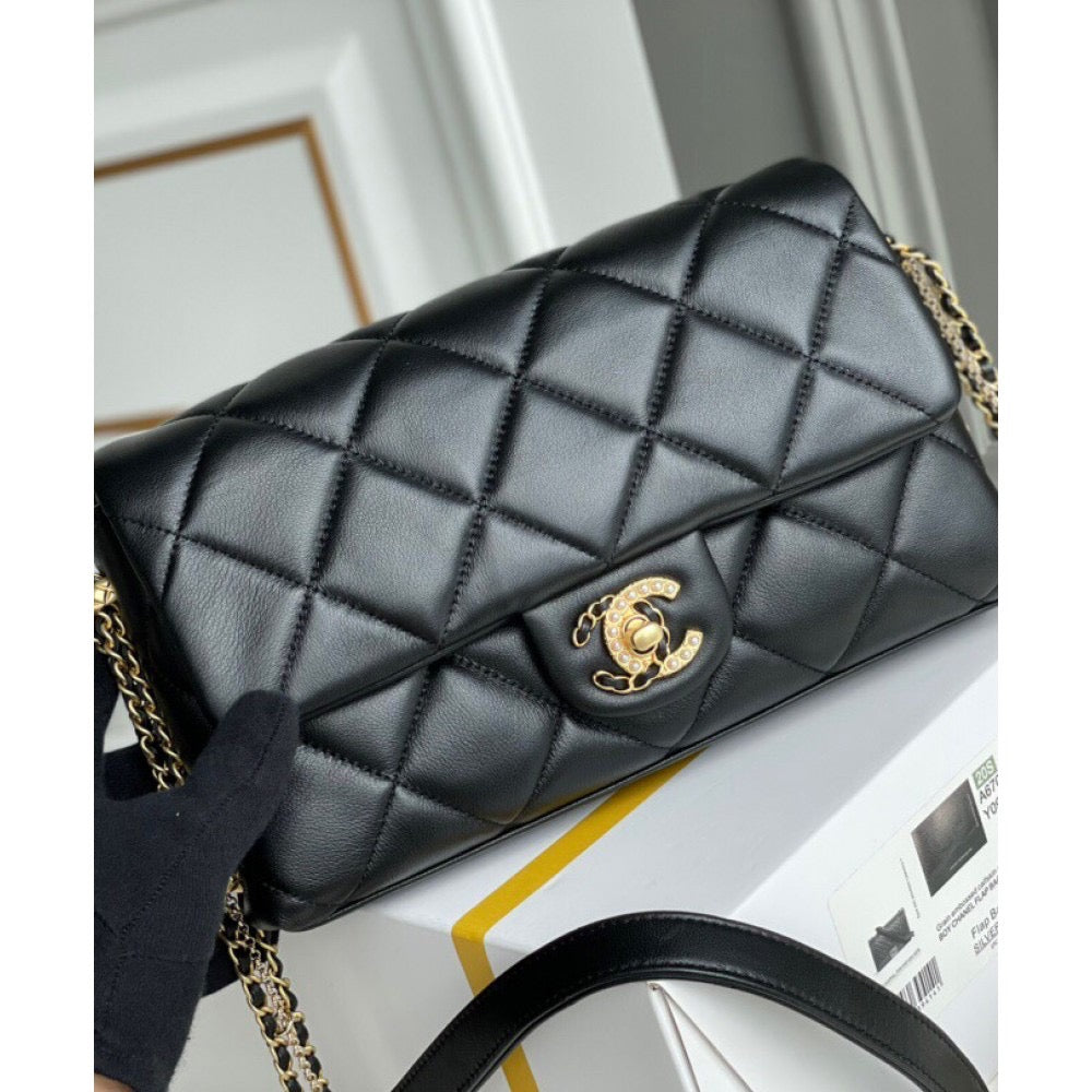 [TOP] CHANEL Flap Chain Bag Pearl Logo - Black