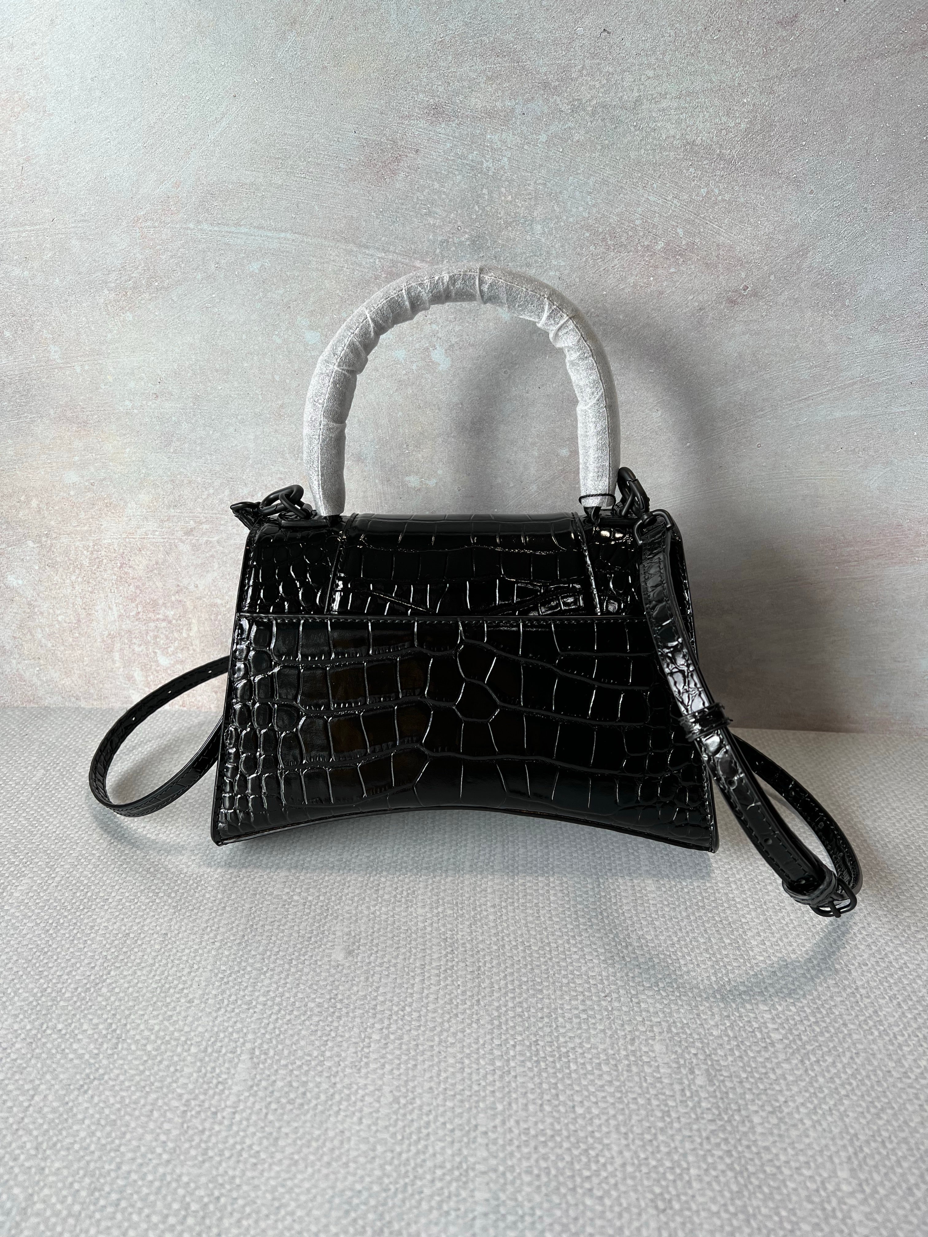 [TOP] BALENCIAGA Hourglass Crocodile-Print Cowhide Small Bag 23x14x10cm - Black on Black