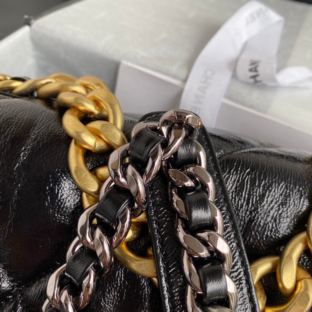 [TOP] CHANEL 19 Bag Shiny Goat Skin Medium 30CM - Black & GHW
