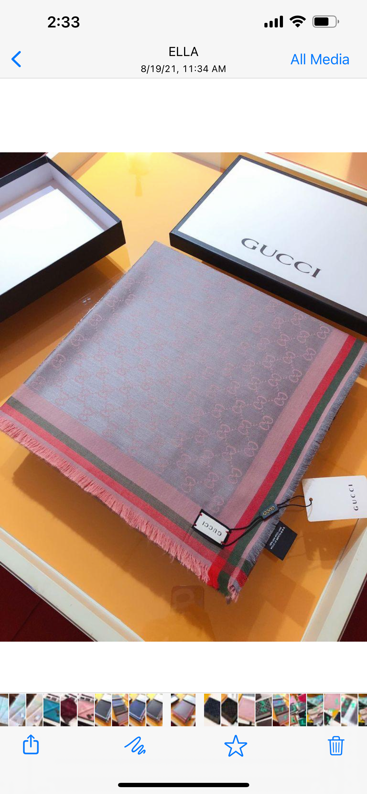 [TOP] GUCCI Big Square Scarf- Grey Pink