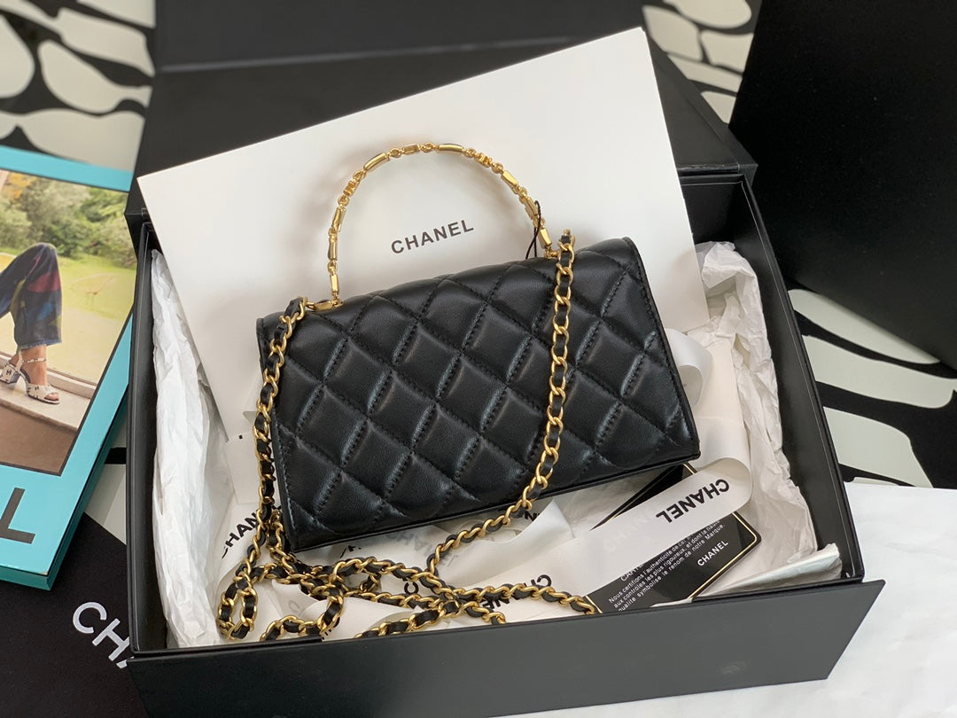 [TOP] CHANEL Flap Phone Holder Chain Bag w Enamel Top Handle - Black