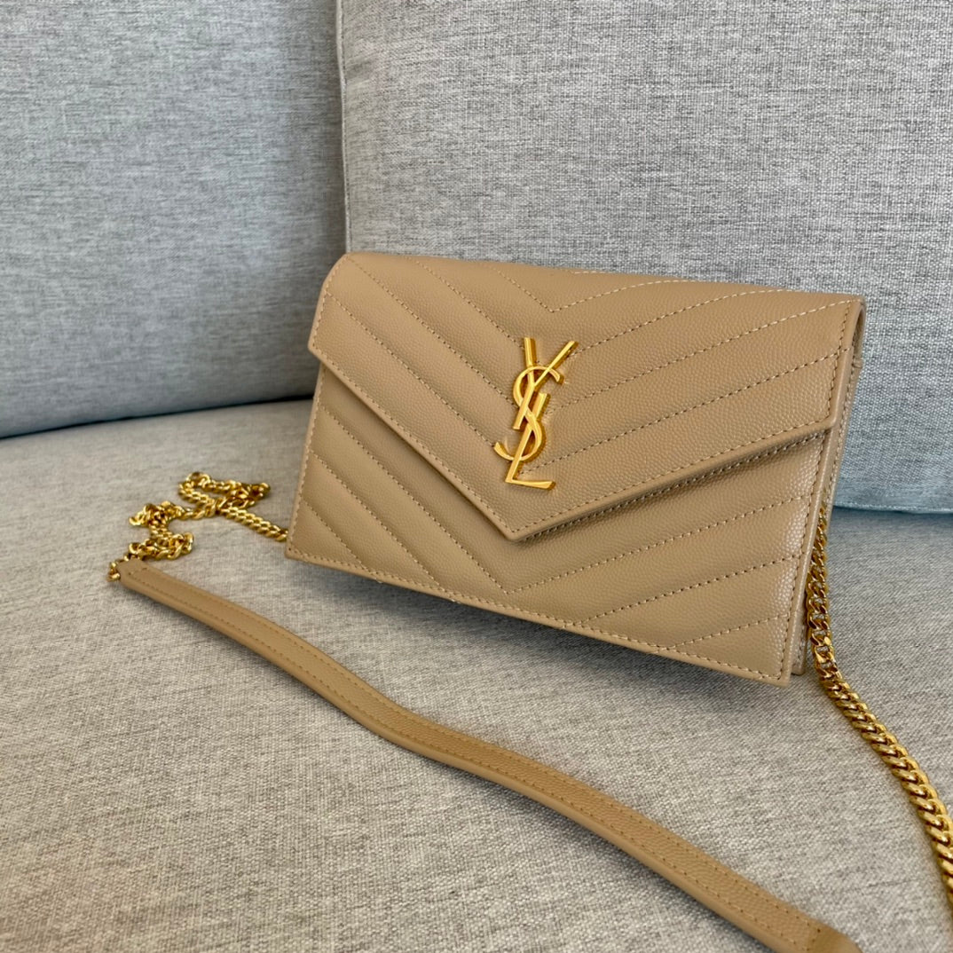 [TOP] Yves Saint Laurent YSL Envelope Chain Wallet Grain Leather - Beige