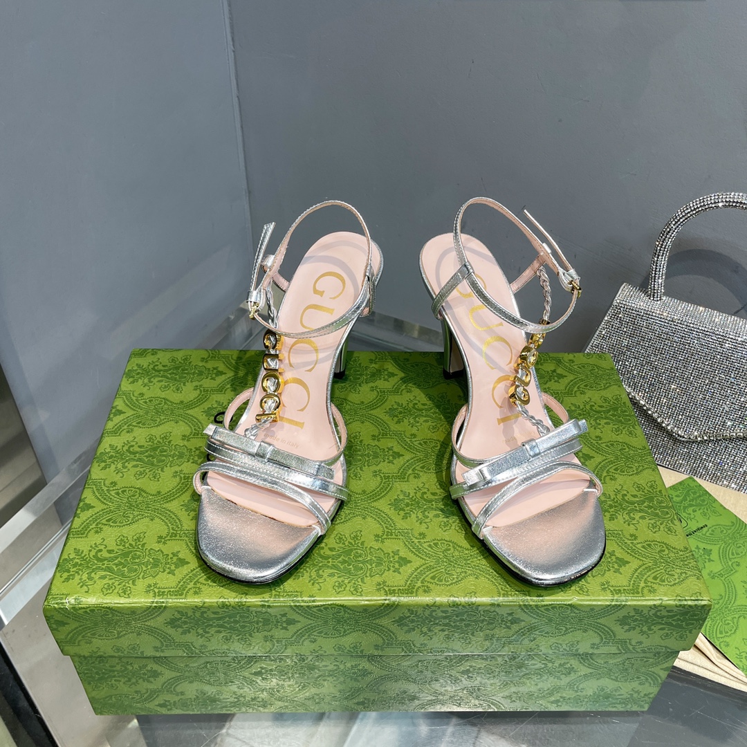 [TOP] GUCCI Woven Braid   Metal Buckle Sandals - Silver