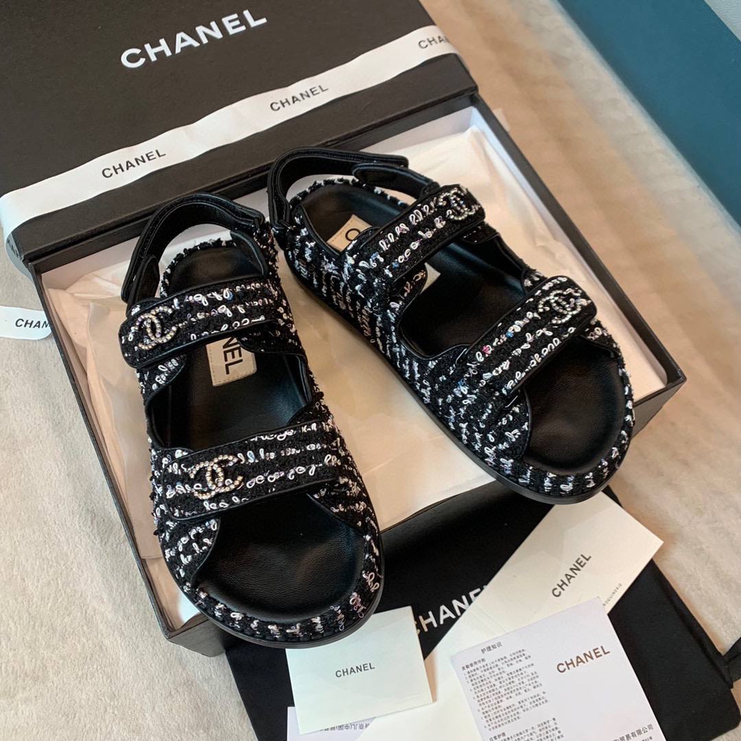 [TOP] CHANEL Dad Sandals Tweed  Stones Double C - Black and White