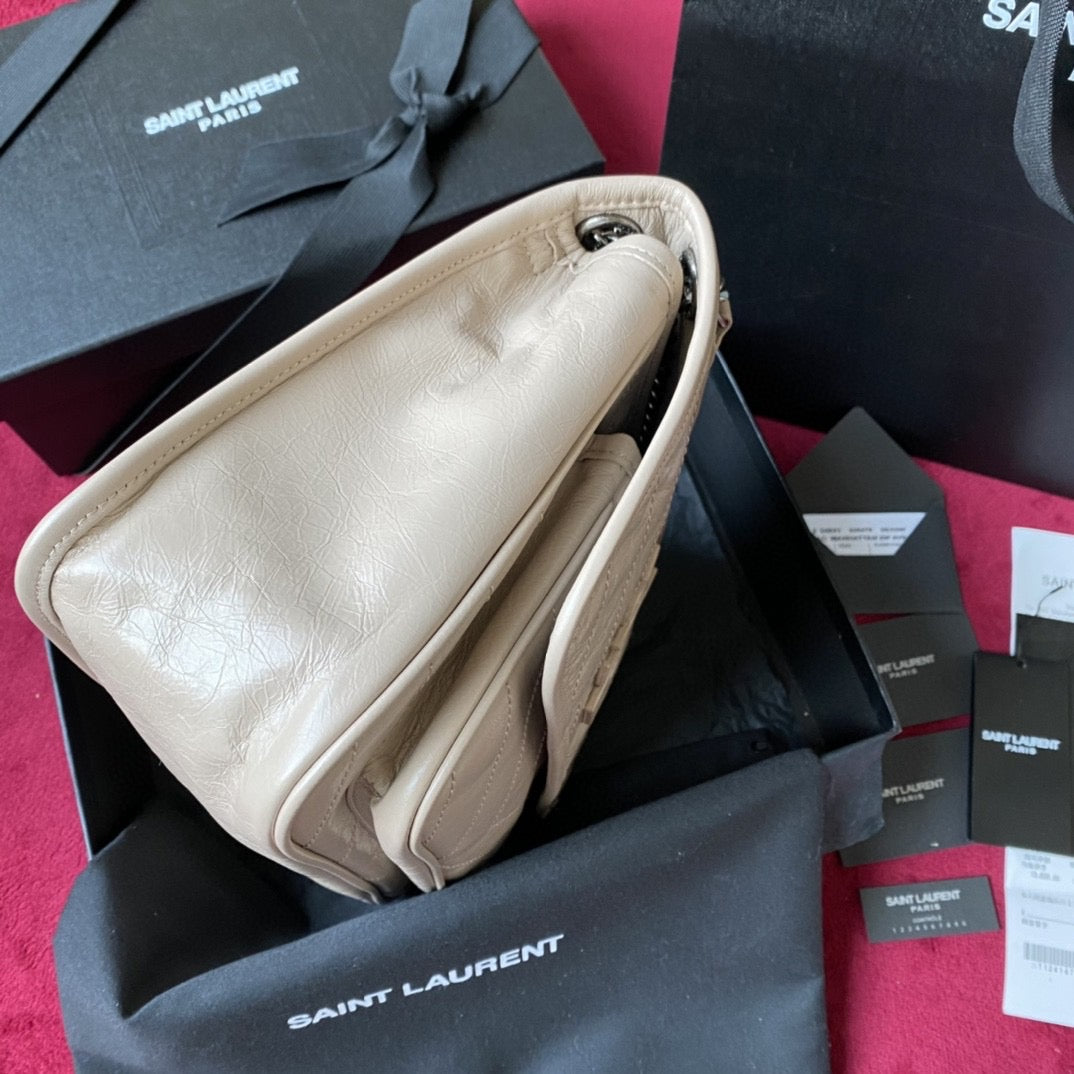 [Top] Yves Saint Laurent YSL Medium Niki Wrinkles Leather Bag 27cm - White